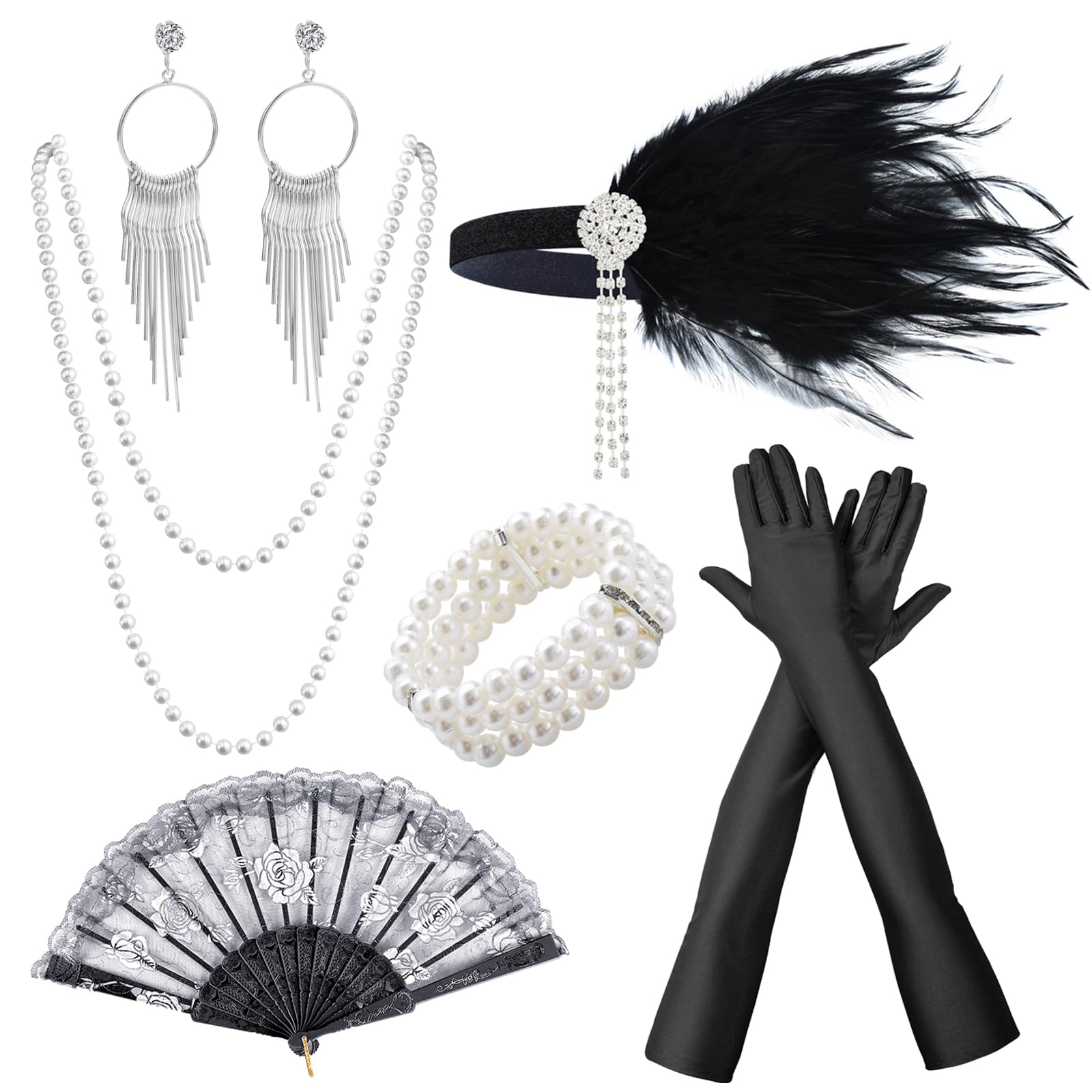 BDSHUNBF 8-Piece 1920s Flapper Great Gatsby Accessories Set - Roaring 20's Theme with Headband, Gloves, Necklace, Earrings, Lace Fan