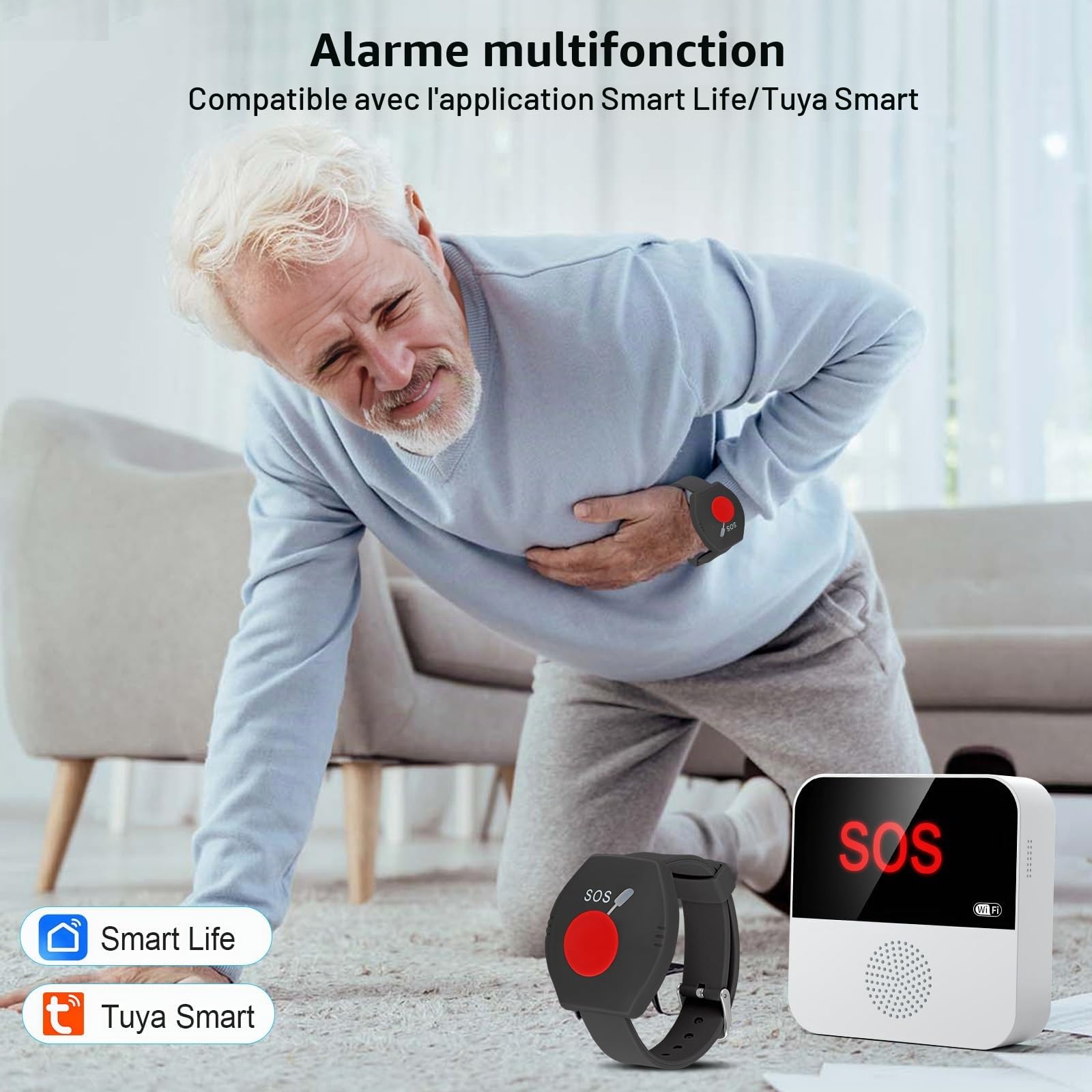 Bouton d'appel urgence WiFi + RF pour les personnes âgées - Système d'alerte pour les seniors - 1 bracelet d'appel - 1 récepteur