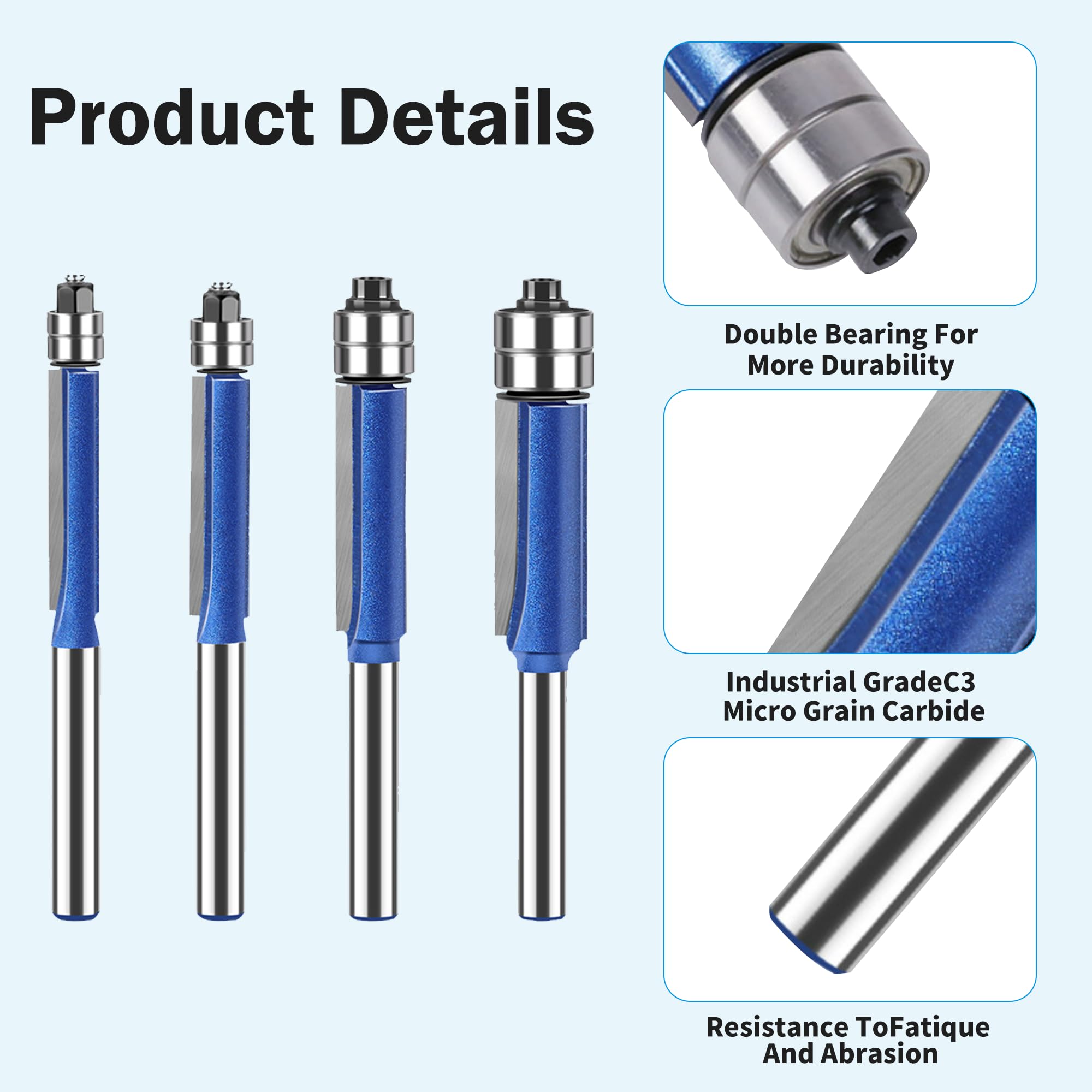 Double Bearing Spiral Router Bit – 1/2 Inch Shank, 3/4 Inch Cutting Diameter, 2-9/16 Inch Cutting Length, Carbide Multi-Blade Design For Precise Trimming