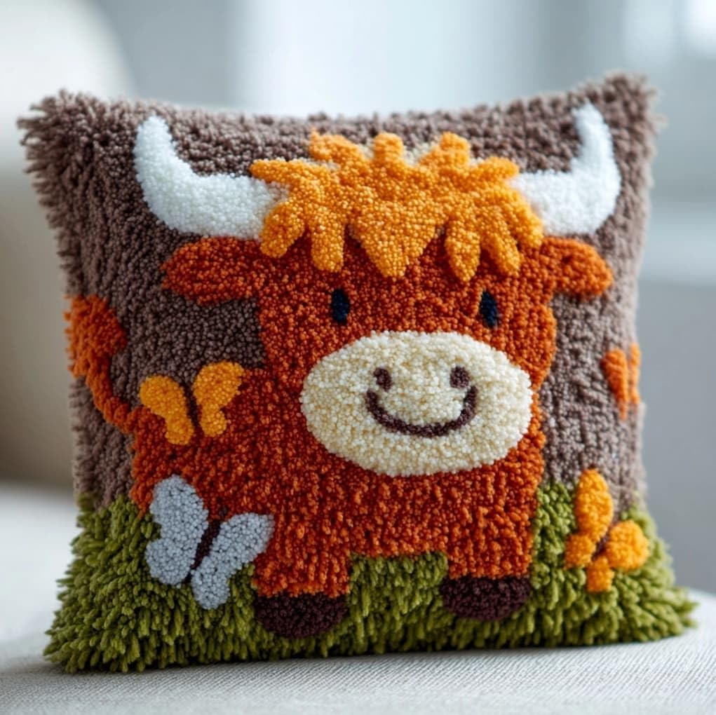 AxiangziK Latch Hook Pillow Kits 17x17in,Highland Cattle and Butterflies