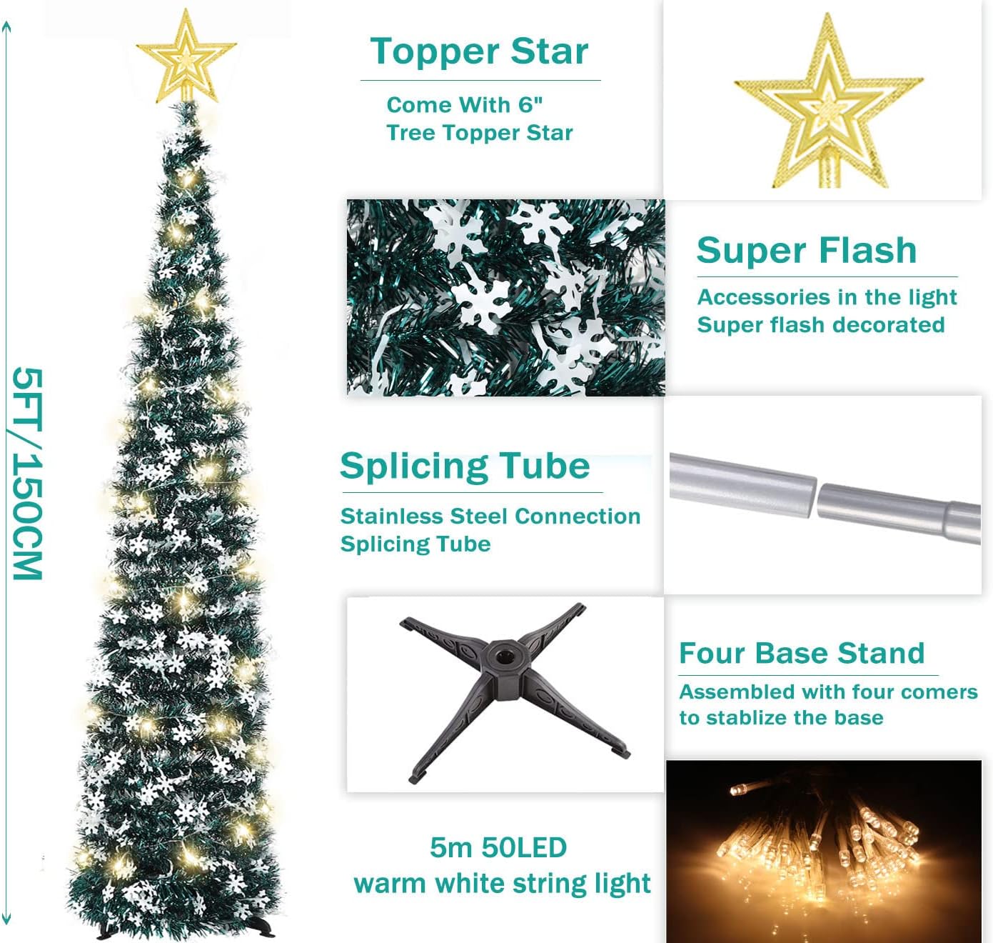 HMASYO 5 Ft Tinsel Christmas Tree with 50 LED Warm Lights - Collapsible Pop Up White Snowflake Sequin Artificial Christmas Pencil Trees Xmas Decorations for Home Fireplace Party (5 Ft-Peacock Blue)
