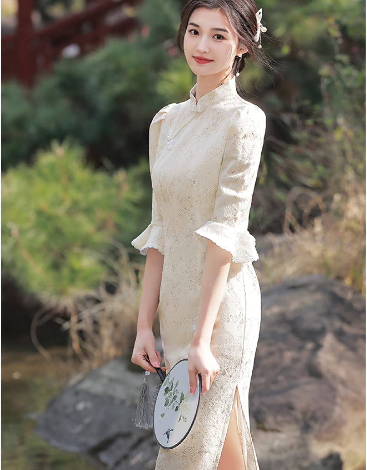 YAROVA Women's Cheongsam Dress -Spring Summer Simple Improved Girl Slim Cheongsam Half-Sleeved Lace Elegant Daily Cas