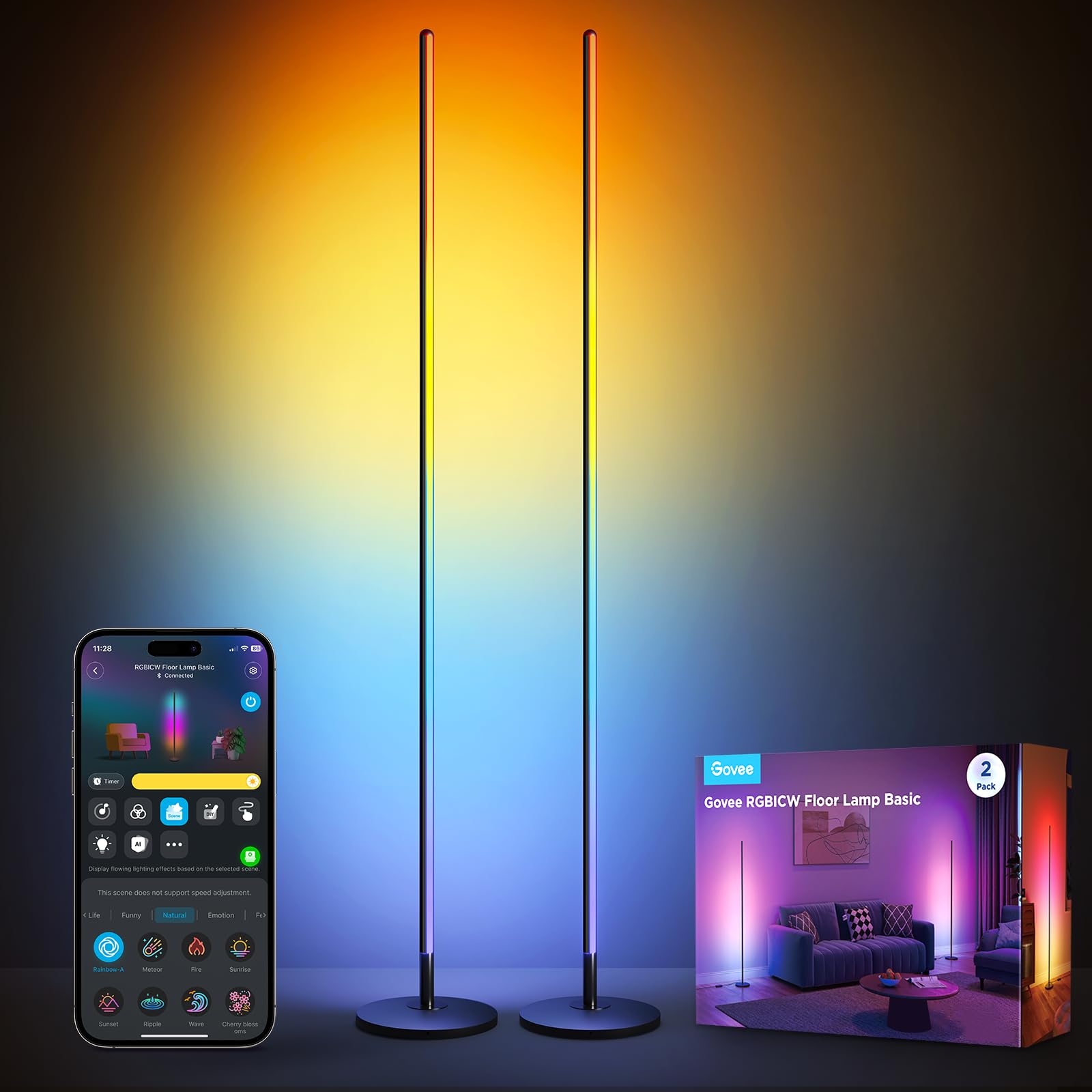Govee LED Floor Lamp Black, RGBIC Modern Corner Lamp, Smart Standing Lamp with 61 Scene Modes,Music Sync, Corner Floor Lamp for Living Room, Bedroom, 2 Pack