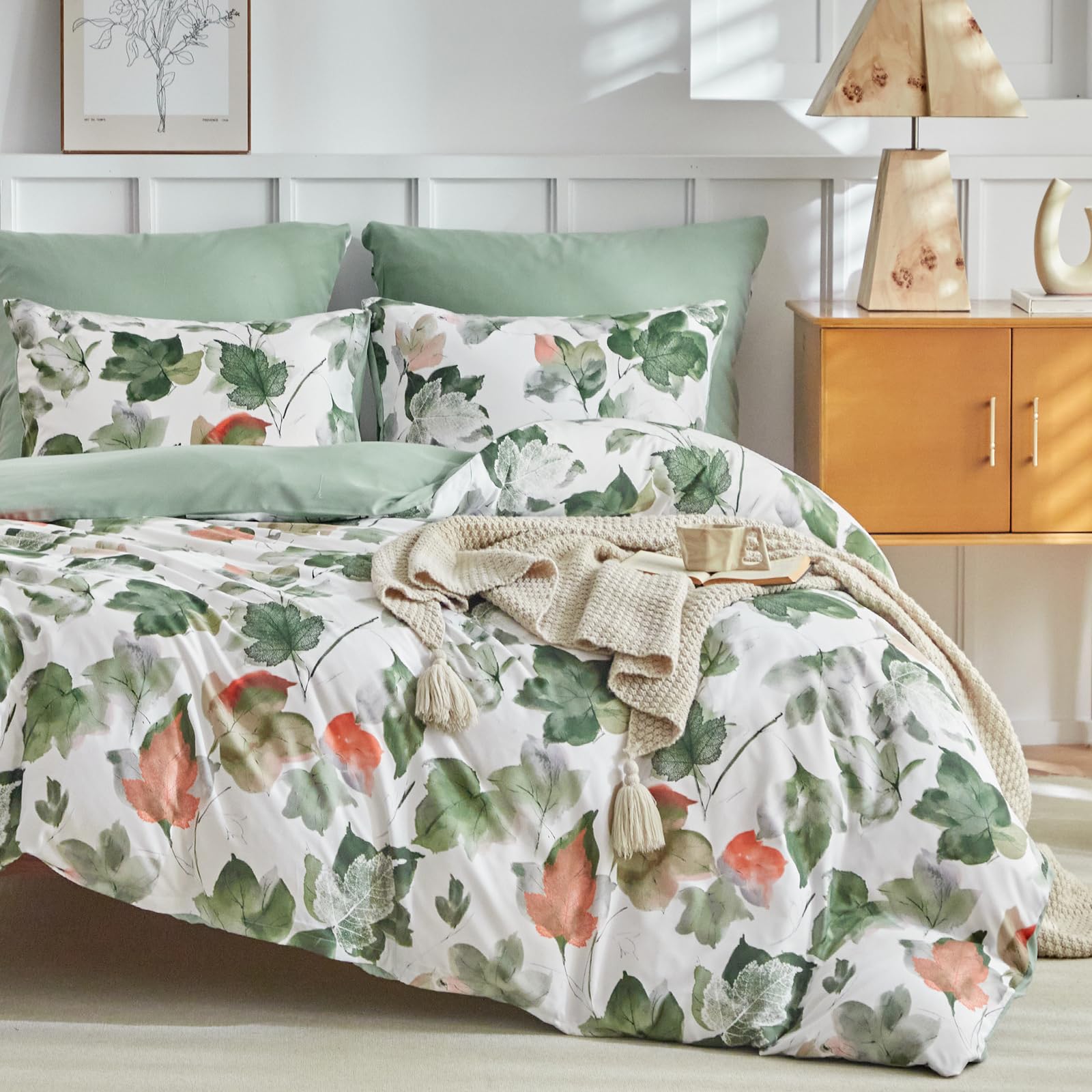 Lekesky Parure de lit 2 personnes 260 x 240 cm 3 pièces en microfibre avec motif aquarelle comprenant 1 housse de couette 260 x 240 cm + 2 taies d'oreiller 50 x 80 cm, vert érable