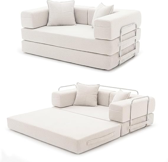 YINIX Folding Sofa Bed 160cm King Size, Convertible Modular Sofa, Corduroy Boneless Couch with Metal Frame, 2 Seater Floor Futon Mattress, Non Slip Base, Washable Cover