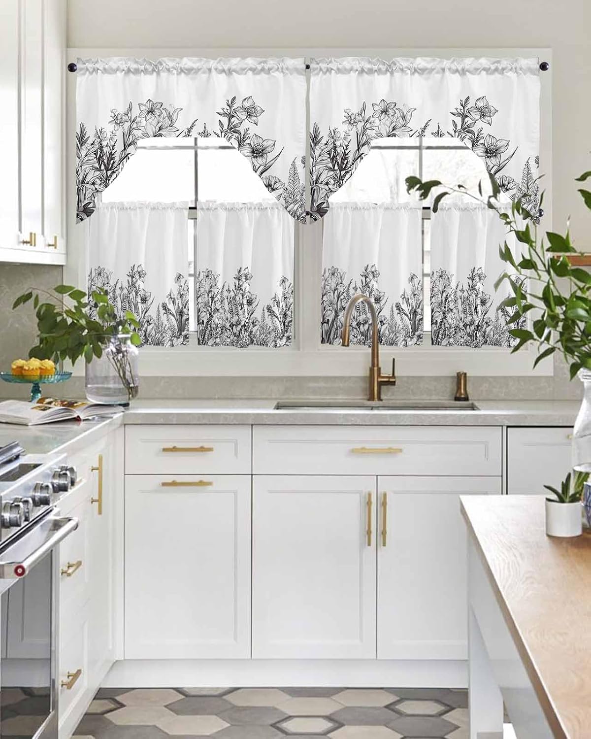 Wildflower Leaf Kitchen Curtains Sets for Windows 3 Piece, Grey Floral Botanical White Watercolor Kitchen Curtains and Valances Tier Set 36 Inch Length Swag Curtain for Living Room Cafe Bathroom