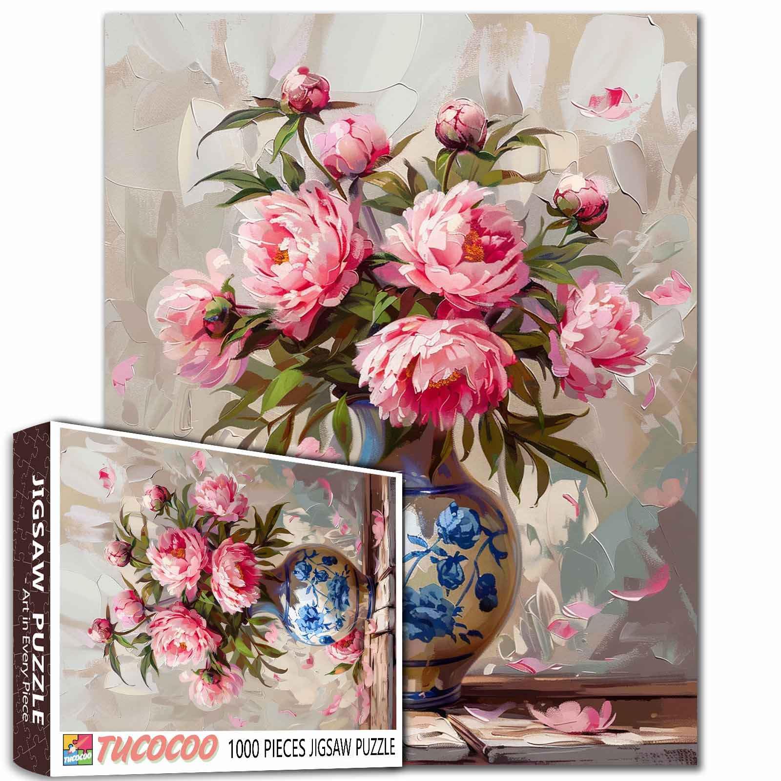 Celadon Oil Bouquet Flower Puzzles for Adults 1000 Pieces,Colorful Flower Puzzle,Fine Art Jigsaw Puzzles Pink Peony Chinese Style Vase Painting,Floral Hard Challenging Classical Painting Puzzles — image 1