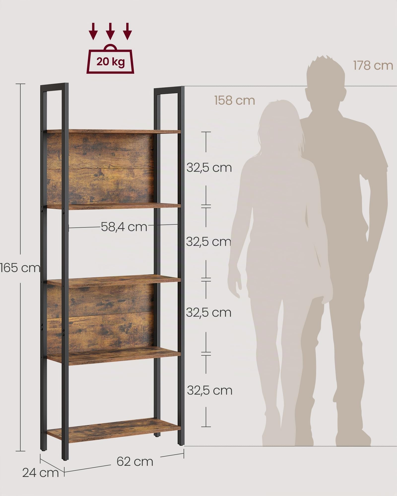 VASAGLE Libreria, Scaffale Portaoggetti, Scaffale da Cucina in Stile Industriale, con 5 Ripiani, Struttura Stabile in Acciaio, Salotto Ingresso Studio Ufficio, Marrone Vintage e Nero LLS025B01