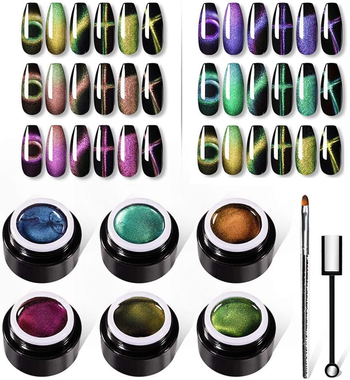 VOXURY Super Cat Eye Gel Nail Polish Set, Chameleon Magnetic Gel UV LED with Magnetic Pen from BELLE GAGA™ Colouring Pen Gel, Pack of 6, Cat Eye Gel Polishing Set, 5 ml