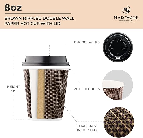 Miniatura 2 de Paquete de 150 tazas de café desechables de 8 onzas, taza de papel de doble pared con tapa, diseño geométrico marrón, té bebidas de chocolate