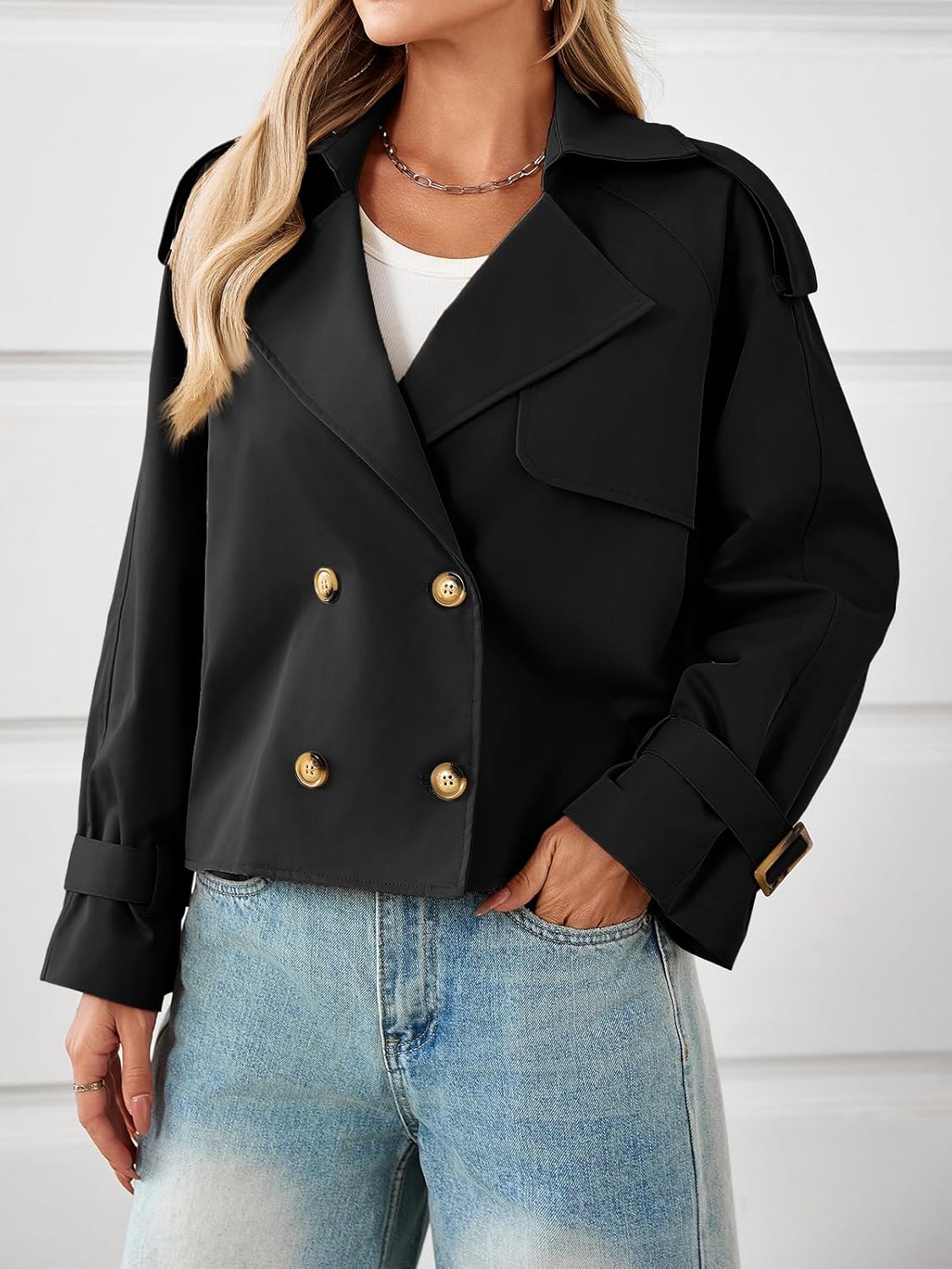 Tankaneo Womens Cropped Trench Coat Oversized Double Breasted Lapel Long Sleeve Short Jacket Fashion Outerwear - Image 4