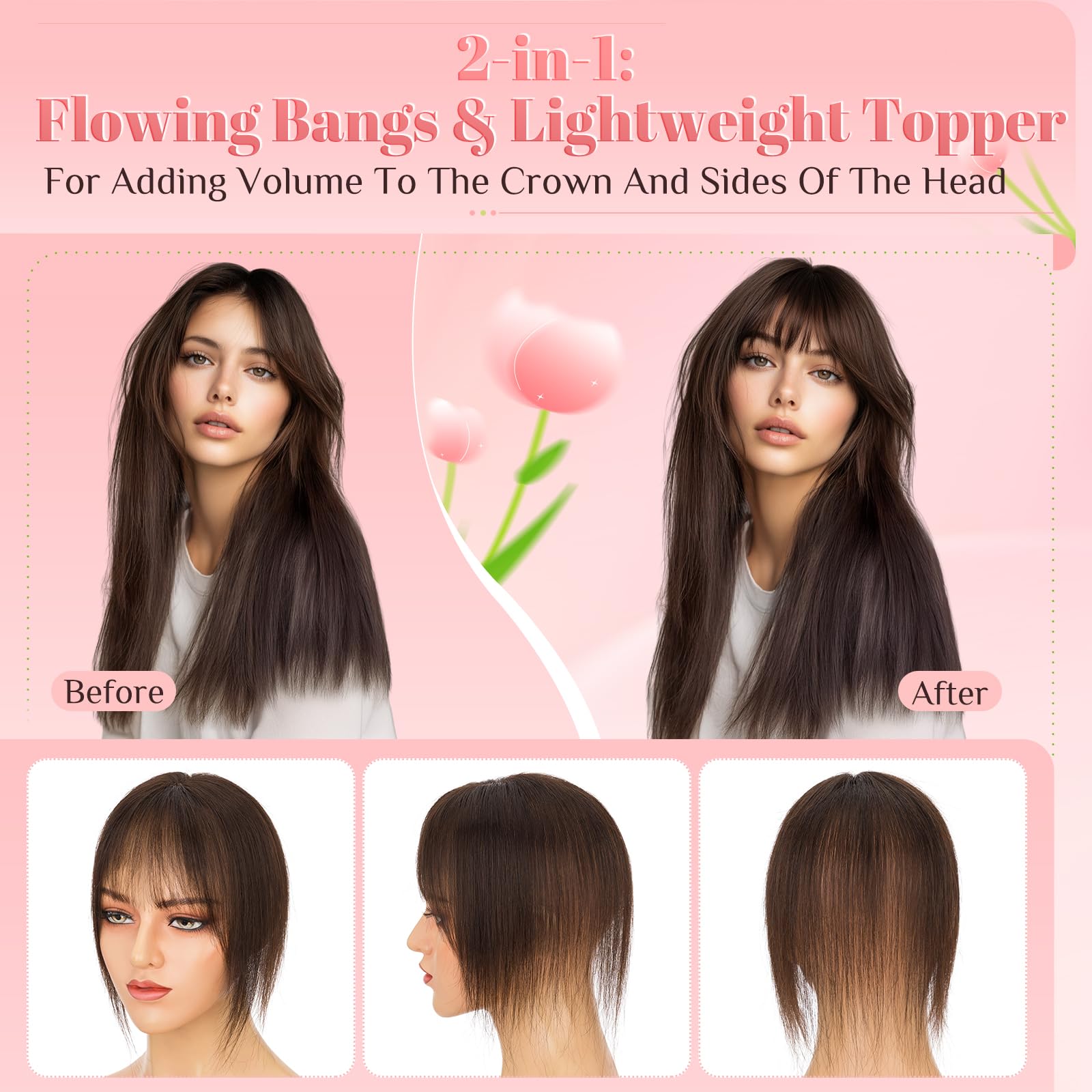 Elailite Hair Topper Donna Capelli Veri Clip 20g 25cm con Frangia Protesi Toupee Posticci Toupet Silk Lace 8x11cm #2 Marrone Scuro