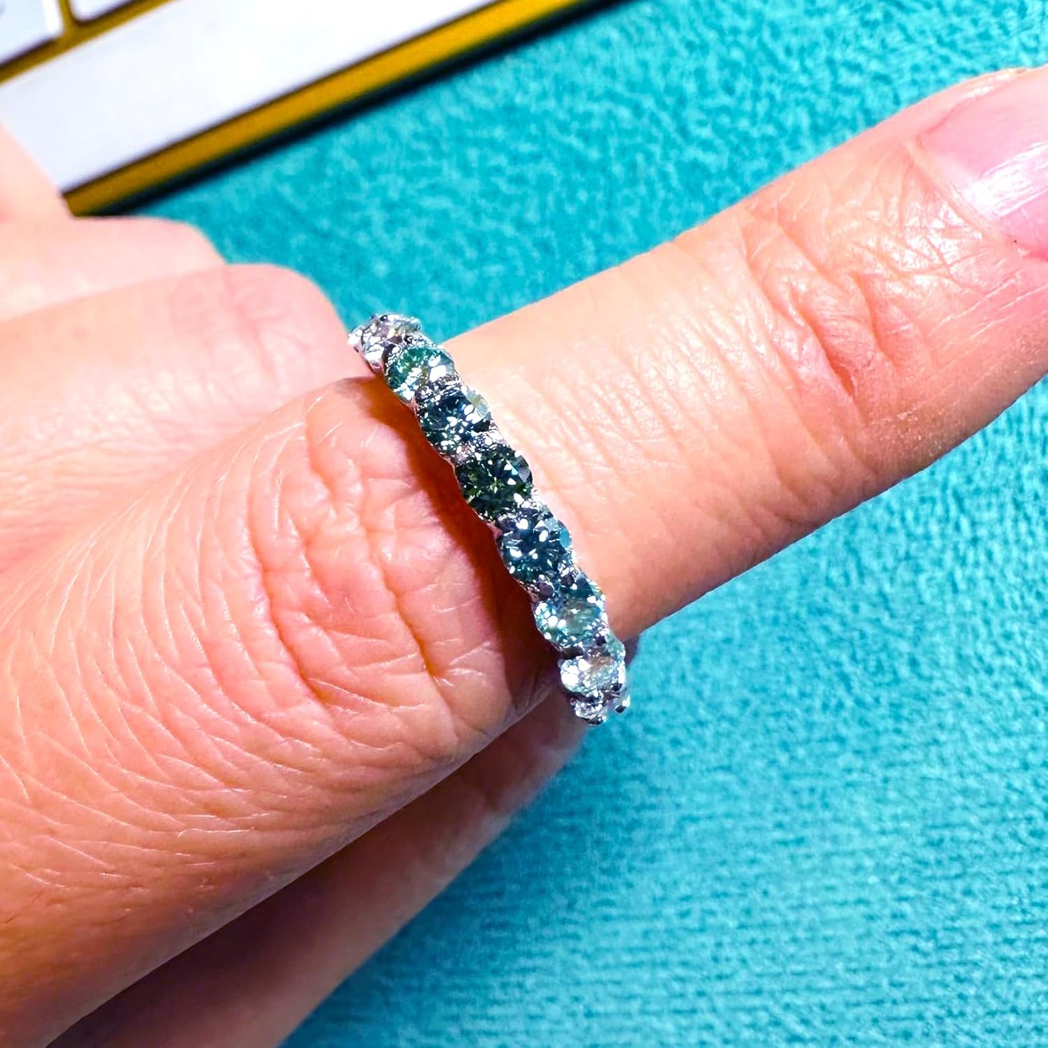 Ombre Ring 3MM White Blue Green Genuine Moissanite Wedding Band, Stacking Ring, 925 Sterling Silver, Platinum Plated