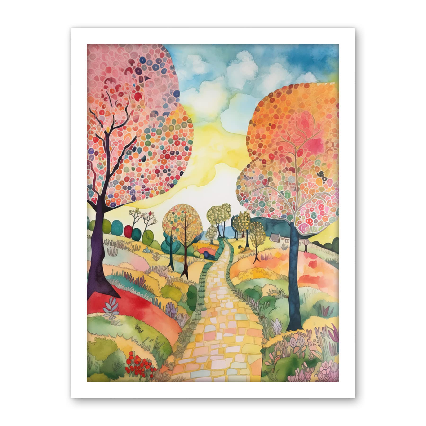 Artery8 Countryside Path With Blooming Flowers And Trees Folk Art Landscape Watercolour Painting Artwork Framed Wall Art Print 18X24 Inch