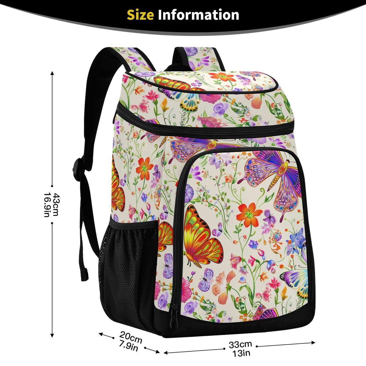Butterfly Flower Yellow Cooler Backpack Leakproof Insulated Lunch Cooler Bag 30 Cans Camping Backpacks for Beach Hiking Camping