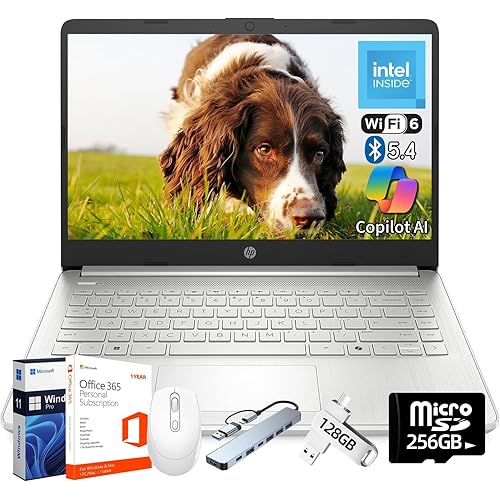 HP 2025 14" Laptop Computer, Intel N150, 16 GB RAM, 512 GB Storage(128GB eMMC + 128GB UFD + 256GB MSD), Copilot AI, Wi-Fi 6, BT 5.4, HD Cam, 1 Year Office 365, Windows 11 Pro, Accessories, Silver