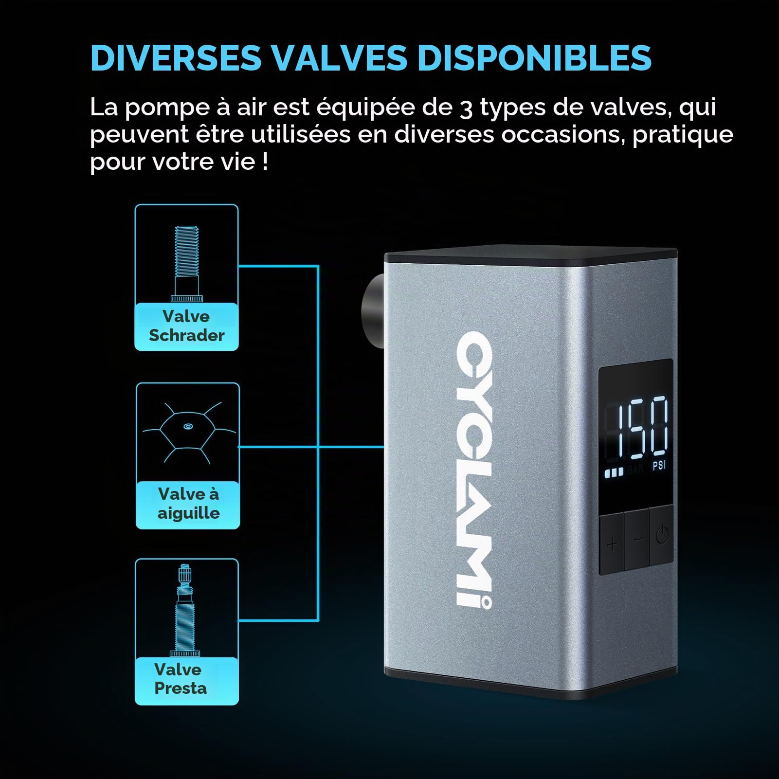 A3MAX Mini Pompe à vélo électrique, compresseur Portable 150 PSI, Pompe à air compacte pour valves Presta et Schrader pour vélos de Route, VTT et vélos électriques