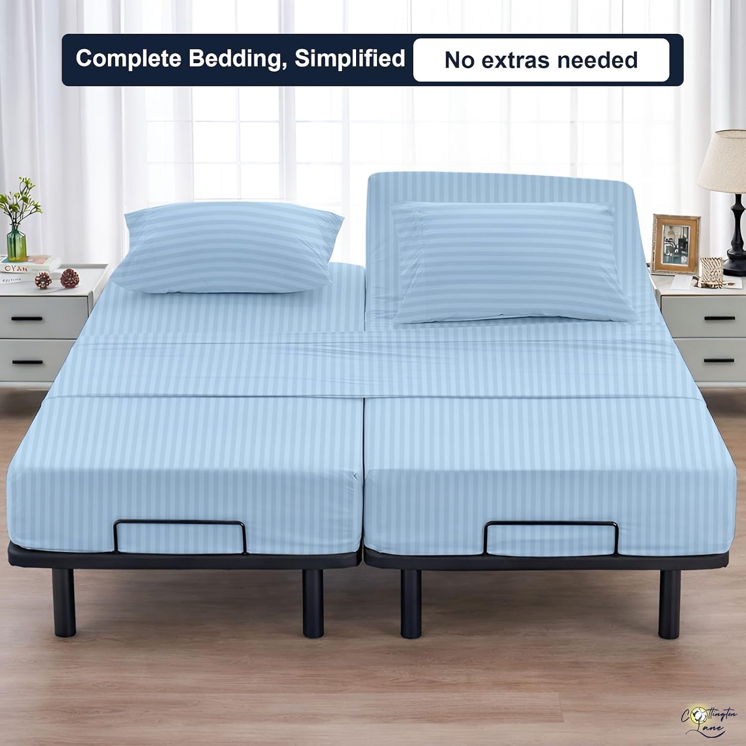 Cottington Lane Split California King Sheets Sets for Adjustable Bed, Premium Cotton Split Cal King Coolling Bed Sheets with 16" Deep Pockets, Ultra Soft & Durable Bedding, Light Blue Stripe