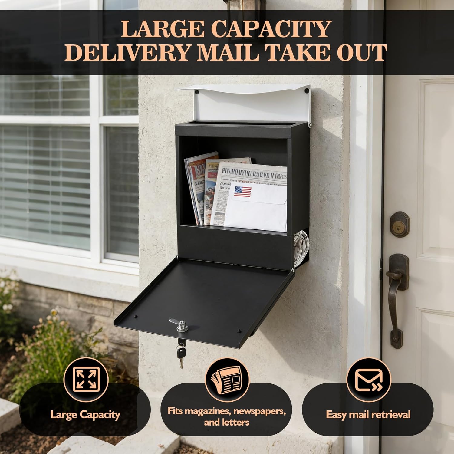 Sharp-tec Wall Mounted Mailbox, 15x15x4inch Large Capacity, Modern Metal Galvanized Steel Mailbox for Outside, Mailbox with Lock and Key Drop Box, Black