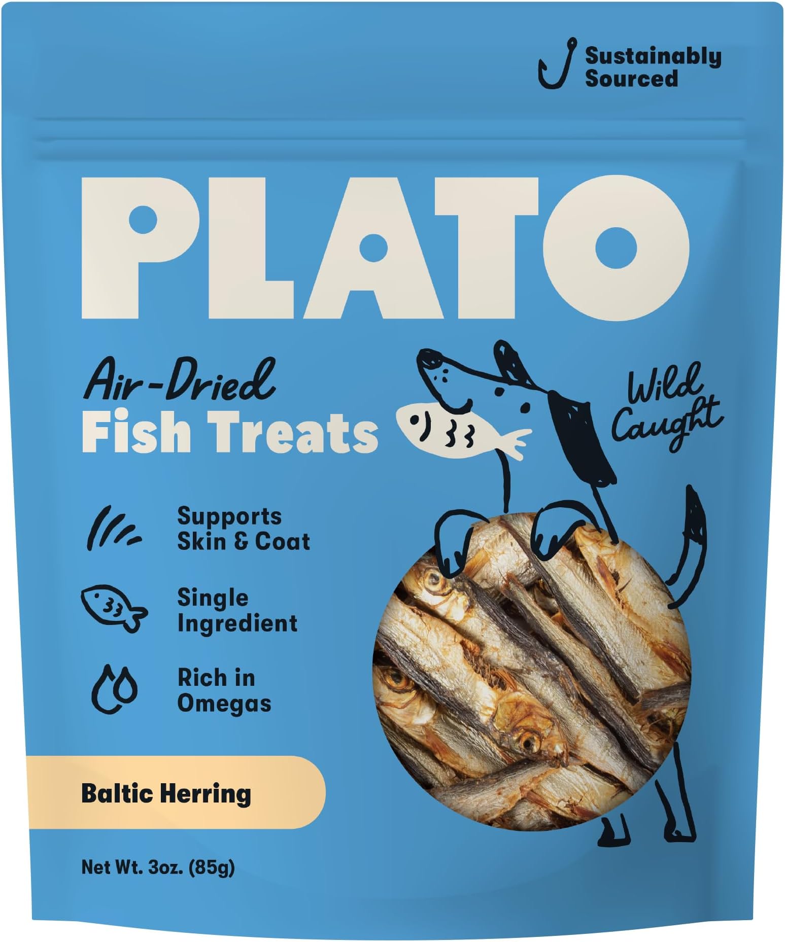PLATO Pet Treats Fish Dog Treats - Air-Dried, Single Ingredient Dog Treat - with Omega 3 & 6 Fatty Acids to Support Skin and Coat - 100% Whole Fish - Wild Caught Baltic Herring Dog Treats - 3oz