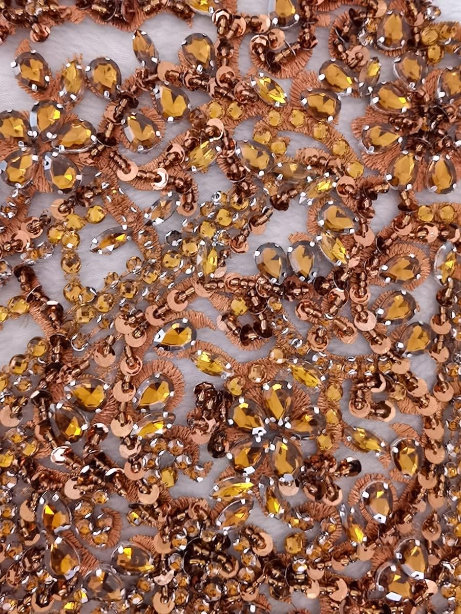 Handmade Rhinestones Applique Glass Stones Beads Bright Crystal Lace Patches Bodice Accessories for Weding Dress Decorations 14.17X24.4inches (Brown)