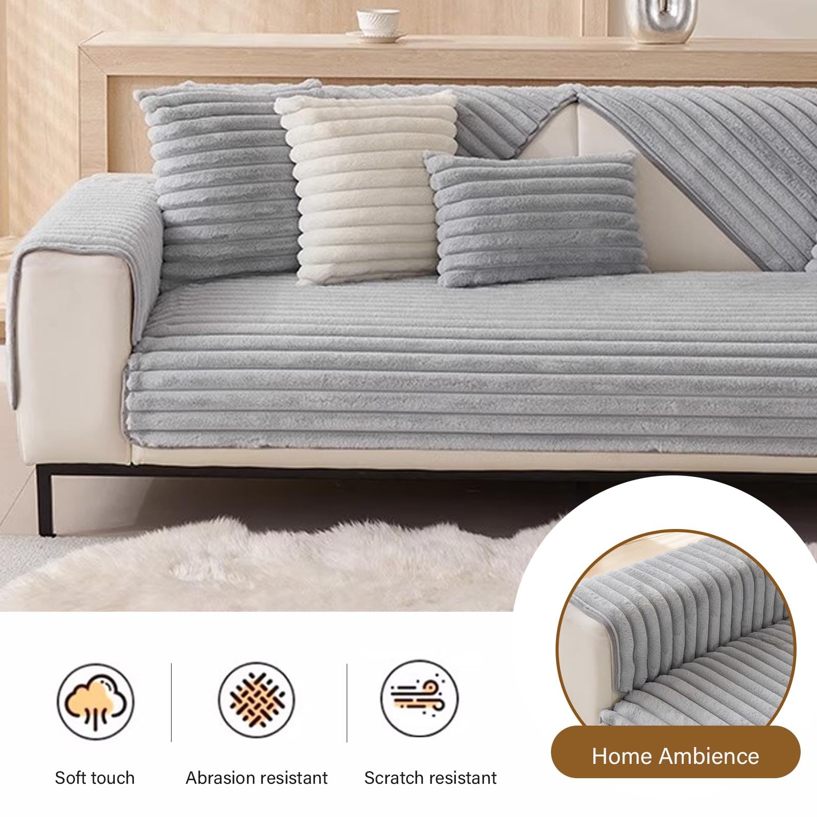Copertura Per Divano - Morbido Tessuto In Peluche Di Coniglio, Lavabile In Lavatrice, Antiscivolo Per Divano Modulare, Copertura Divano Da 1 2 3 4 Posti, Protettore Mobili Soggio Light Gray 110*160cm