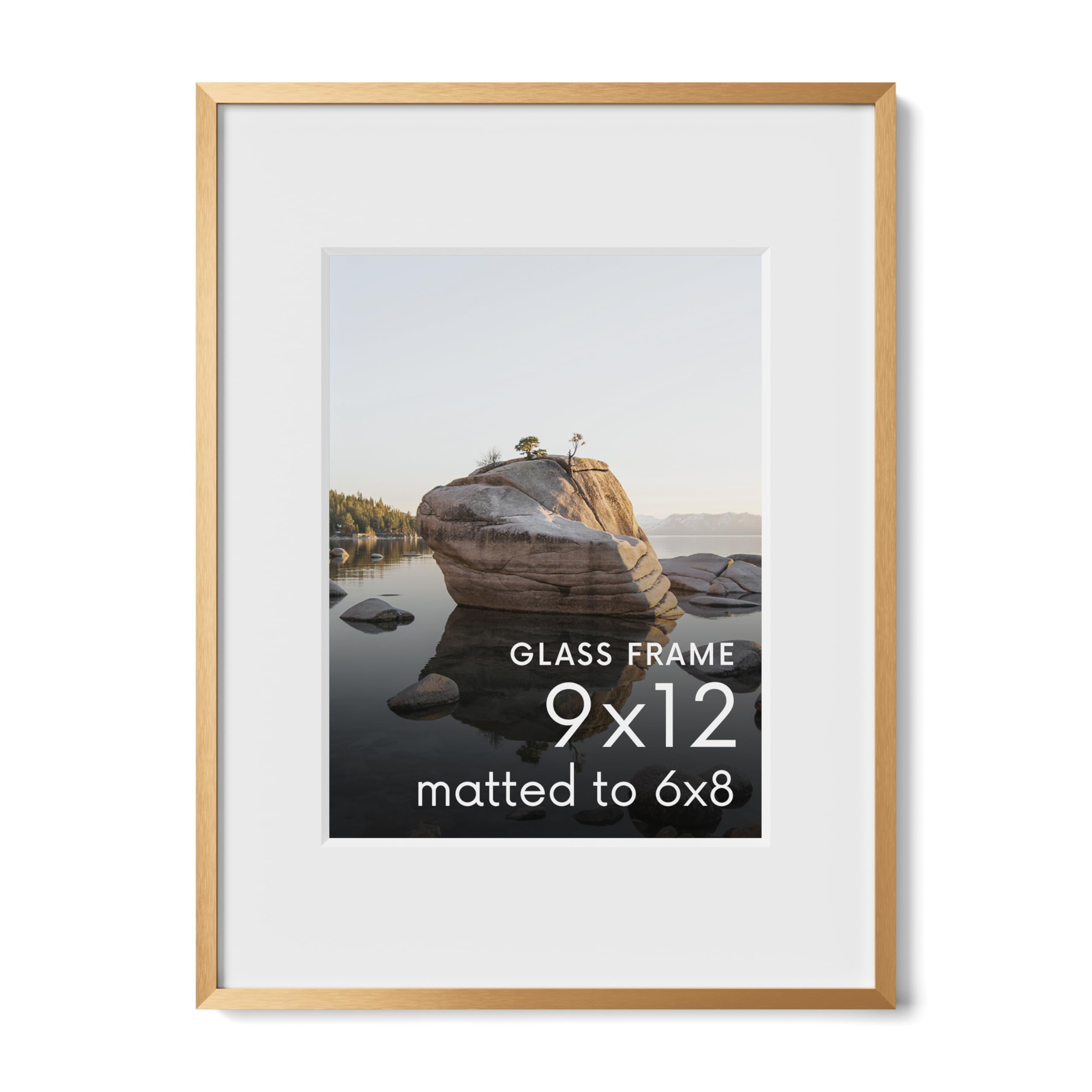 HAUS AND HUES 9x12 Picture Frame with Real Glass & Brass Premium-Grade Metal Matted to 6x8 - Aluminum 9x12 Picture Frame - Includes Hanging Kit - Ideal for Home, Office (9x12 in, Brass)