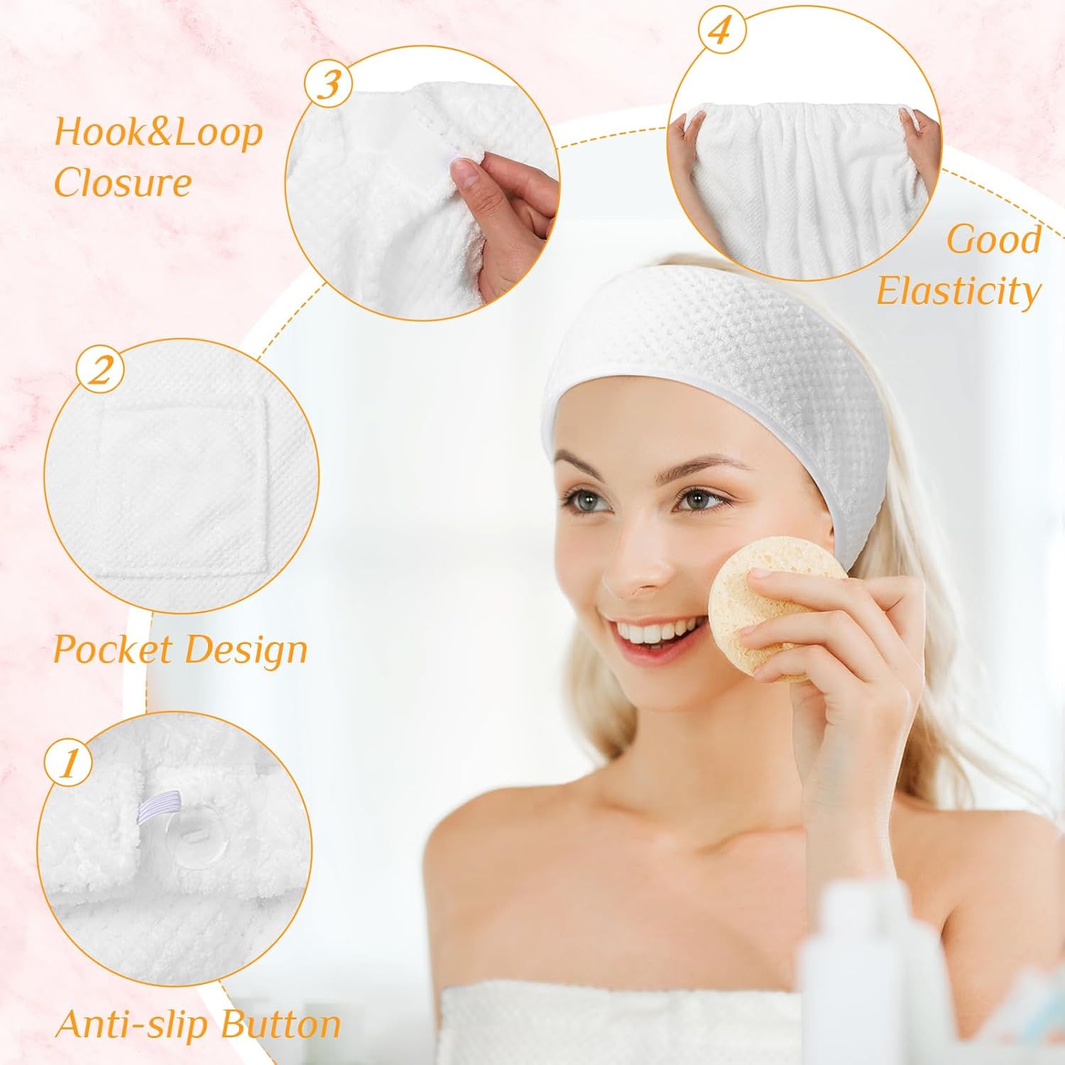 Kinlop 4 Sets Towel Wrap Bath Wrap Towel for Women with Pocket with Facial Spa Headband Set Waffle Spa Robe with Adjustable Closure Elastic Top
