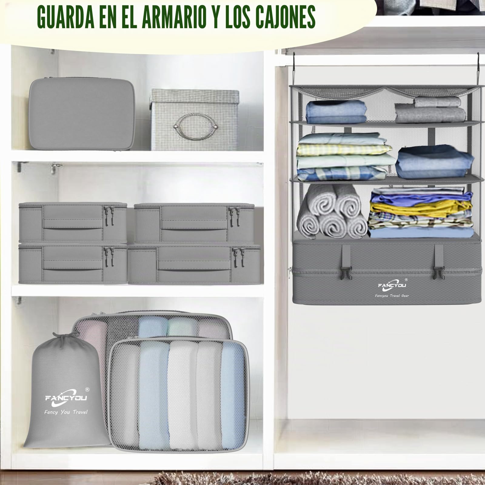 Cubos Colgantes para Organizar Maletas, Armario Portátil de Tela de Nylon Mejorada 44 * 30 * 65cm, Compresión para Embalar y Desembalar en un Solo Paso para Viajes de Negocios (Gris)