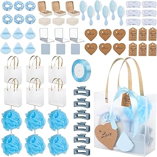 WAYASDCU 6 Sets Baby Shower Prizes for Game Winners Bath Sponges Heart Cork Coaster Headband Hair Brush Jewelry Box Compact Mirror Powder Puff Hair Tie Claw Gift Bag Bridal Shower