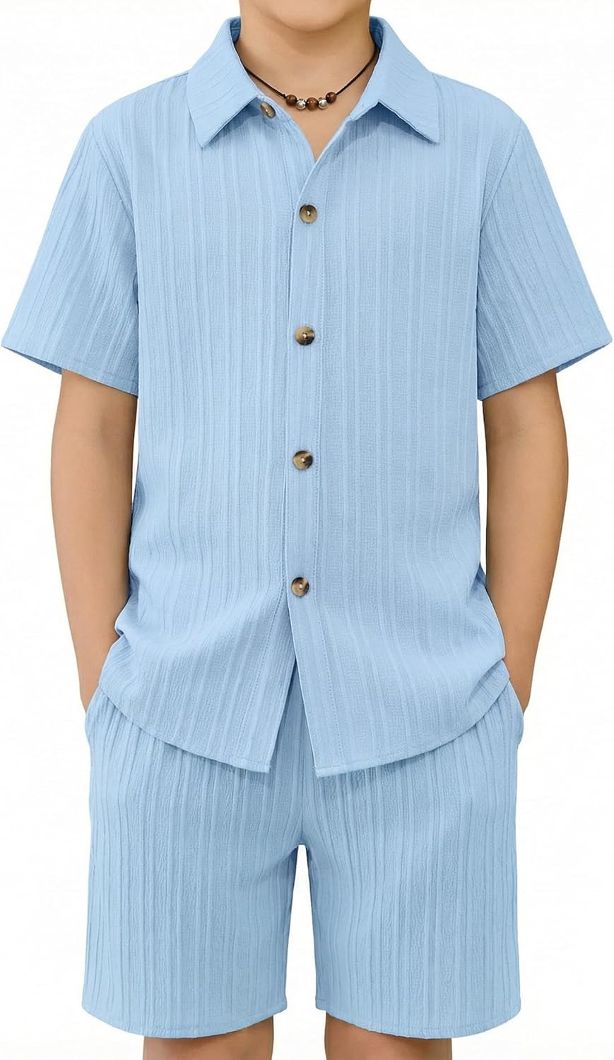Arshiner Boy's Summer Beach Outfits Textured Button Down Shirt and Short Sets Casual Vacation Clothes for 5-12 Years