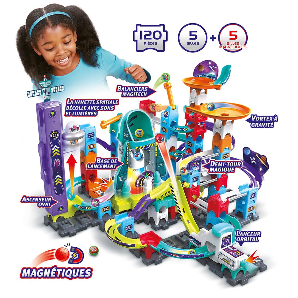 VTech - Marble Rush, Circuit à Billes Électronique Space Magnetic Mission Set XL300E, Jeu de Construction Magnétique, 120 Pièces, 10 Billes, Cadeau Enfant Dès 4 Ans - Contenu en Français