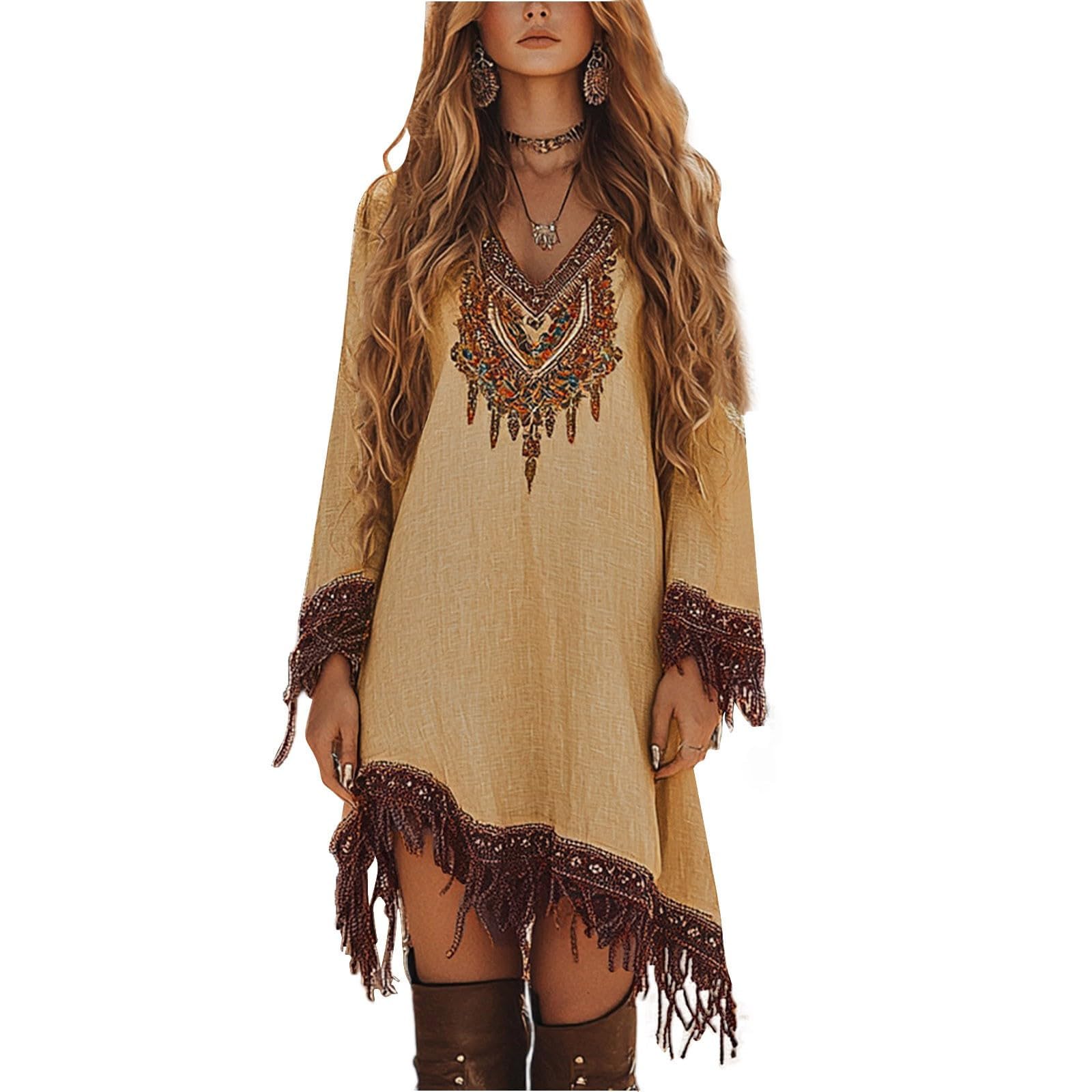 Womens Western Fringe Mini Dress V Neck Bohemian Medieval Vintage Dress Long Sleeve Asymmetrical Hem Trendy Clothes