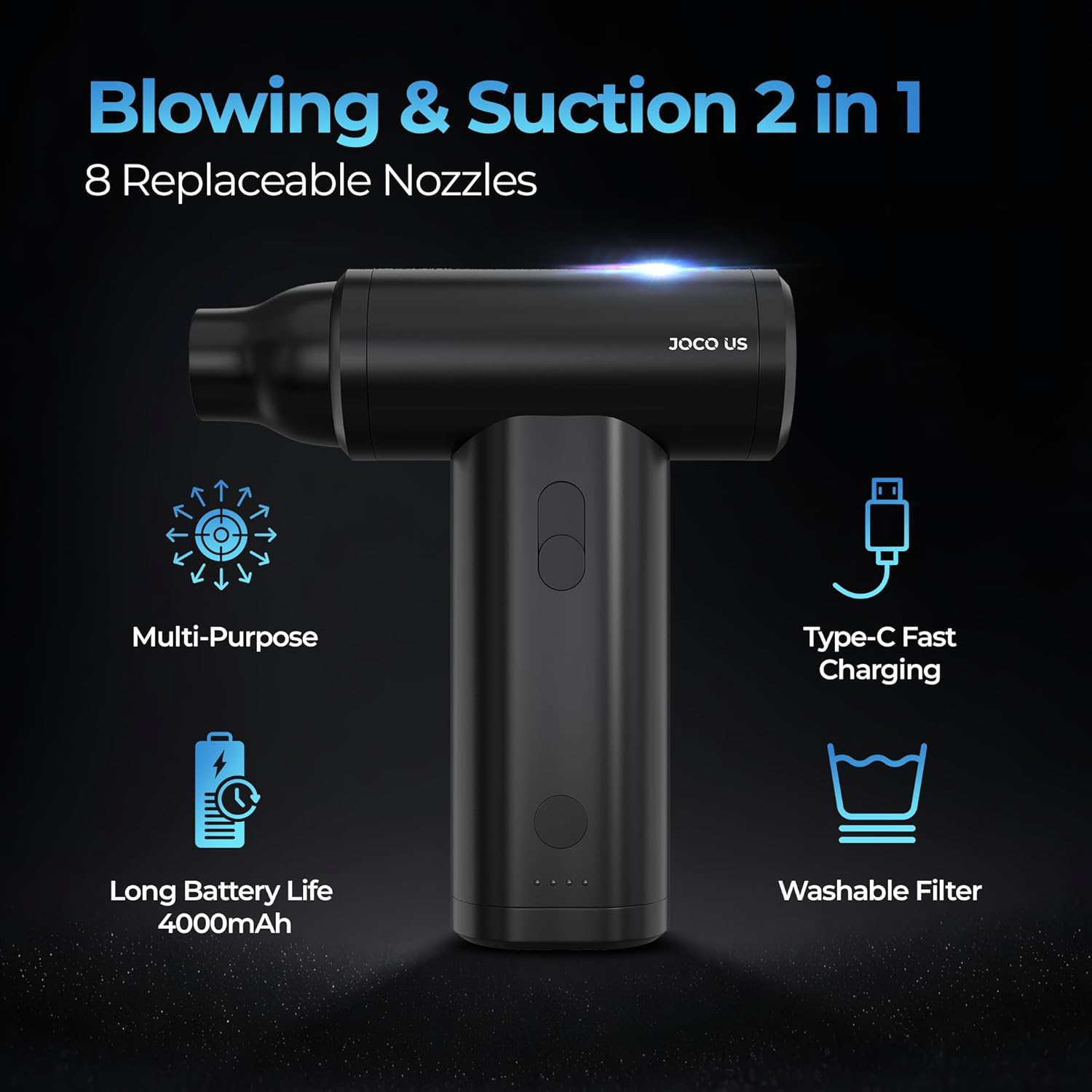 Upgraded Full Metal Air Duster and Vacuum Cleaner 8-in1, 110 000 RPM, 4000mAh, Quick Charge Cordless Blower for Keyboard-Office-Home-Electronic-Inflator