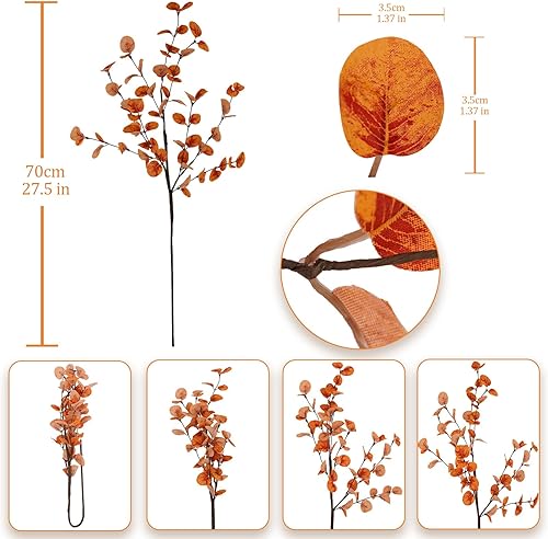 Miniatura 9 de unlemoni 6 tallos de hojas artificiales de eucalipto de otoño, decoraciones de otoño, ramas de eucalipto falsas de seda, hojas de otoño para