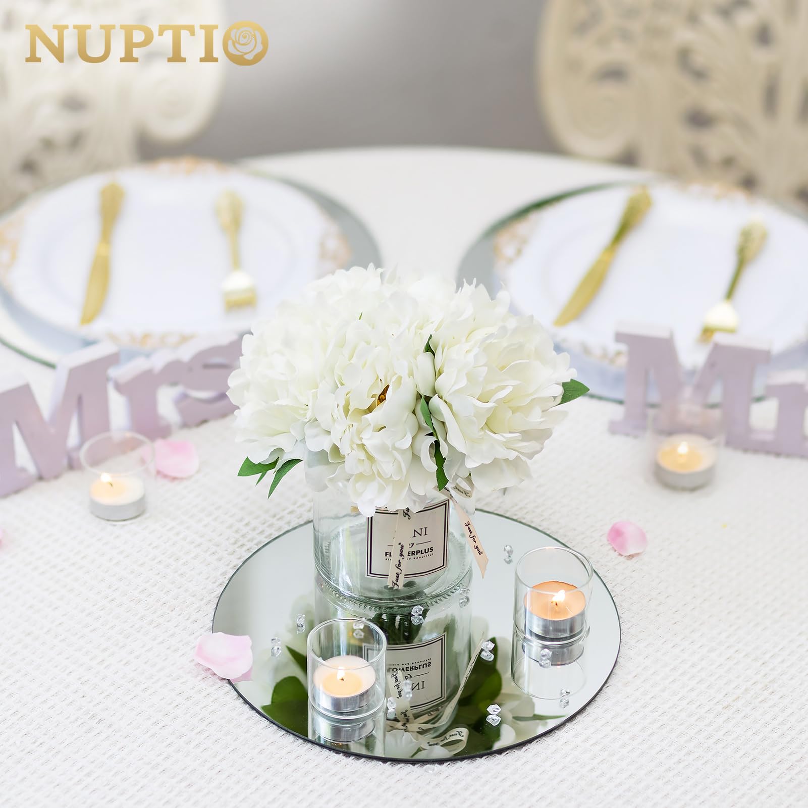 NUPTIO Portacandele per Candele A Colonna: Vassoio A Specchio Rotondo da 25cm Vassoi Decorativi Set di 12 Portacandele 2mm Vetro Pilastro Matrimonio Doccia Valentines Day