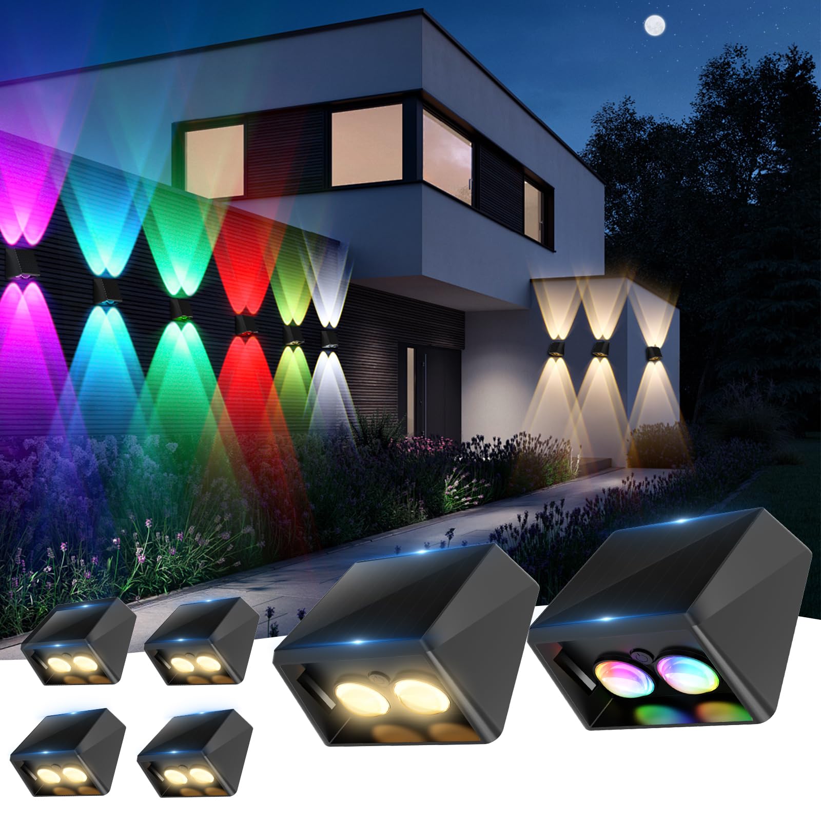 Maorunz Solar Fence Lights, 6 Pack Outdoor Up & Down LED Wall Light Solar Powered with 11 Colors 13 Modes Waterproof Exterior Lighting Fixtures Warm White/Cool White/RGB Color Changing for Outside