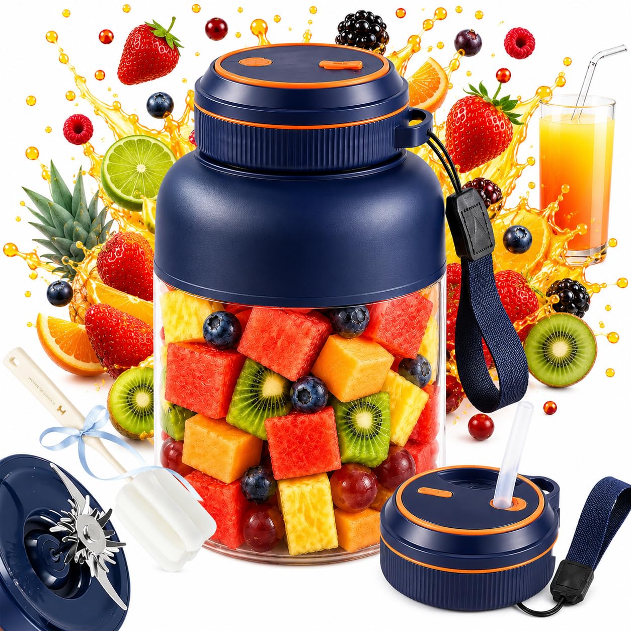 Wireless Juicer Cup 1300ml, Portable Blender Cup with 800ml Blending Capacity, 38-Blade 3-Speed Rechargeable Smoothie Maker, 2 Lids for Juice, Milkshake and Gym