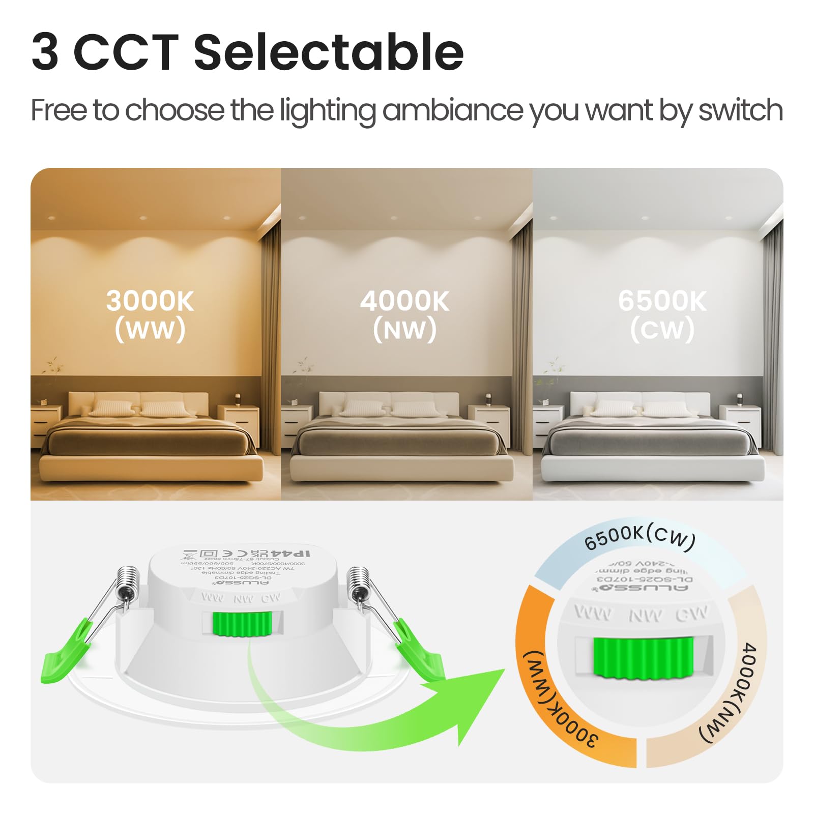 ALUSSO LIGHTING Downlight LED Techo Empotrable Regulable, 7W, Blanco Cálido 3000K/Blanco Neutro 4000K/Blanco Frío 6500K, Foco LED Empotrable 29 mm, Foco Para Baño IP44, Blanco, Juego de 12