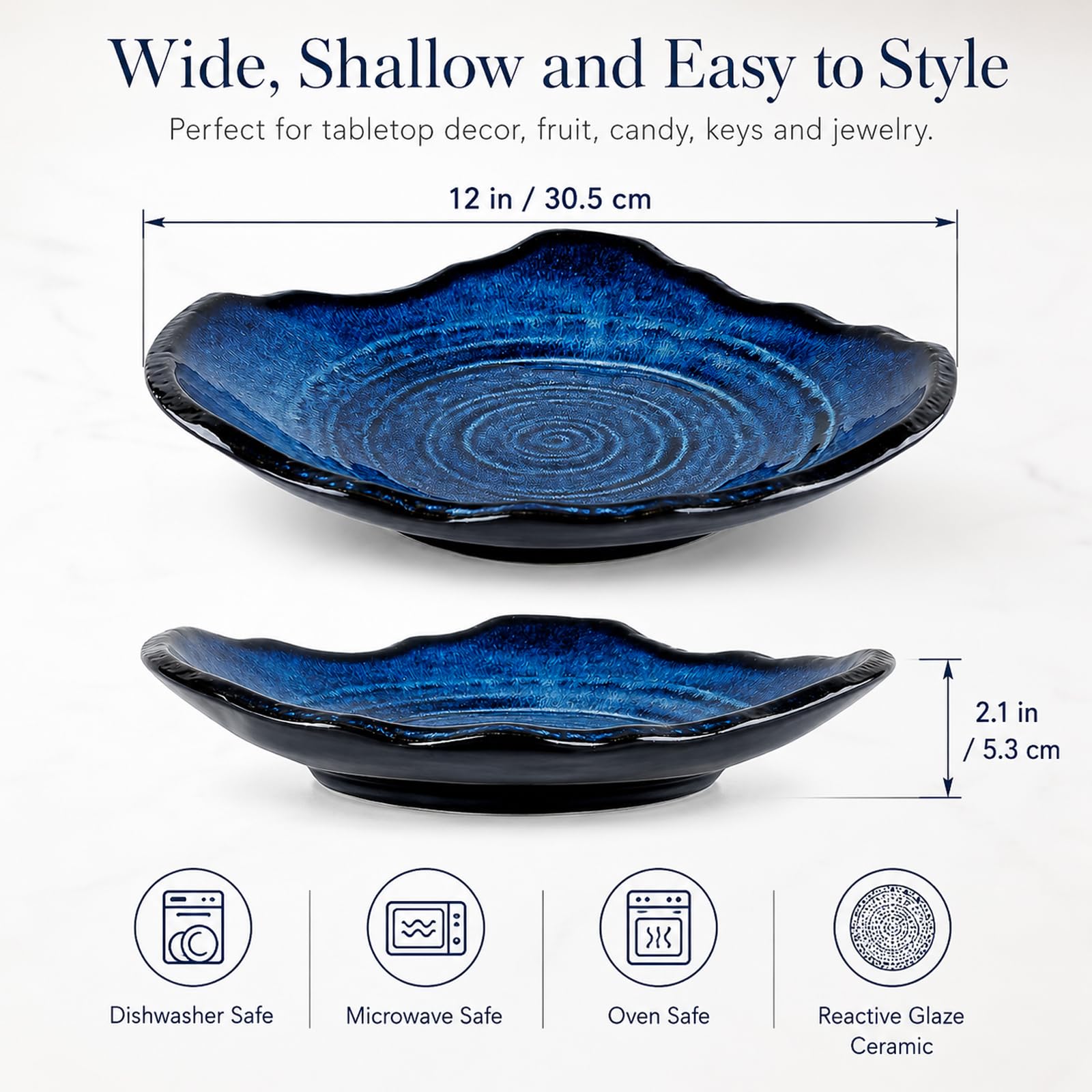 Bol décoratif en céramique bleu de 30,5 cm, bol à fruits, plat à bonbons, bol à clés pour table d'entrée, plat à bijoux, plateau à bijoux, fourre-tout en porcelaine pour comptoir de cuisine, table de