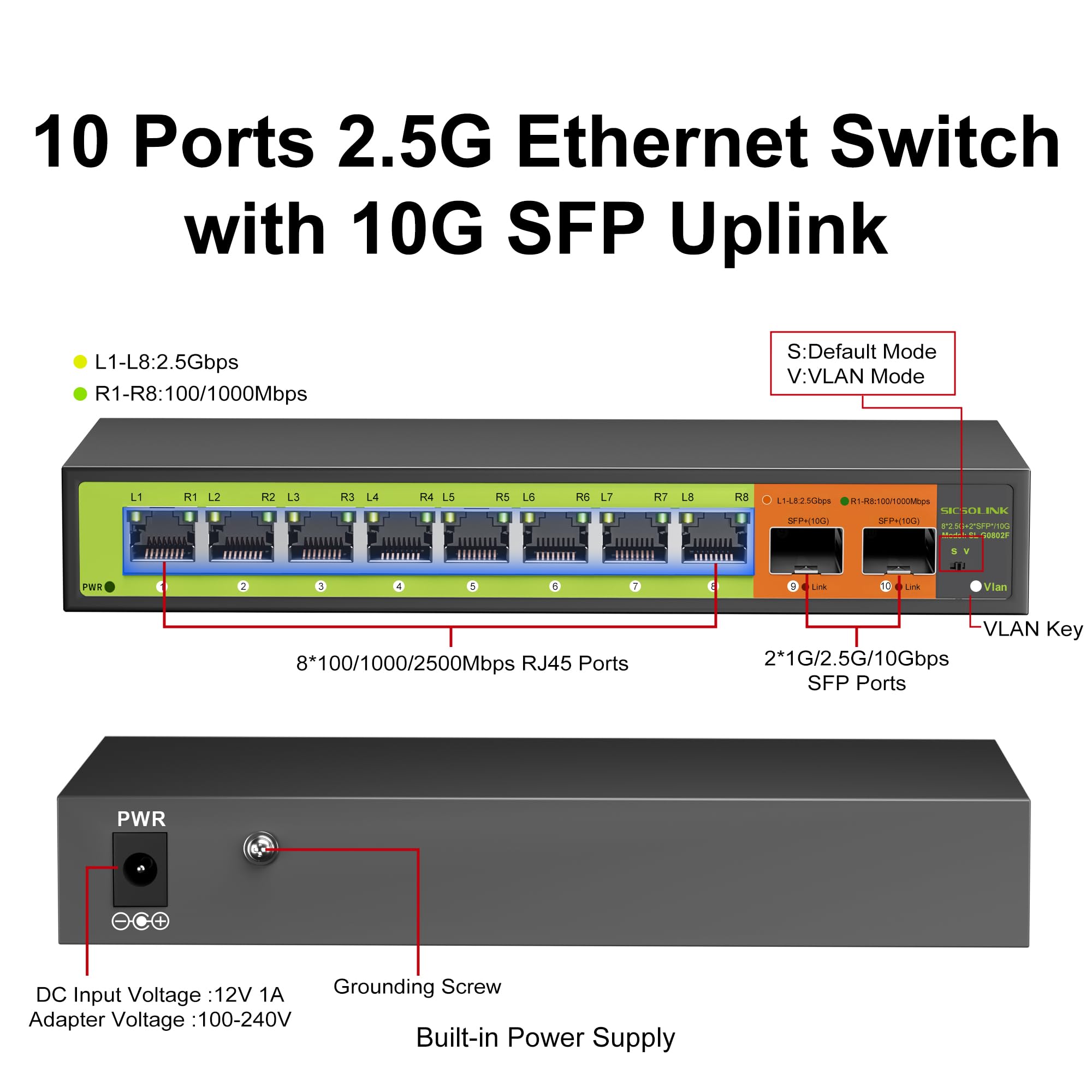 10 Port 2.5G SFP+ Ethernet Switch mit 8×2.5G RJ45 + 2×10G SFP+ Uplink, Unmanaged Multi-Gigabit Netzwerk-Switch, lüfterloses Metallgehäuse, VLAN-Modus, Plug & Play für NAS, Gaming, Home Office