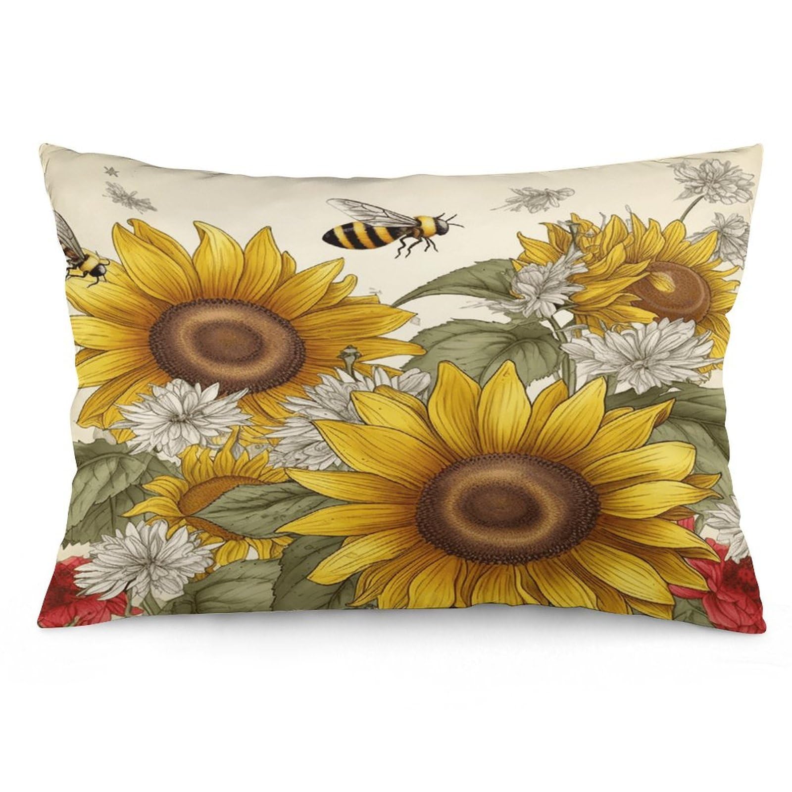 Bees Sunflowers Daisy Rose Flowers Throw Pillow Cover Soft Pillow Case Decorative Lumbar Pillow Cover Cozy Throw Pillowcase Polyester Rectangular Cushion Case Decor for Couch Sofa Bed
