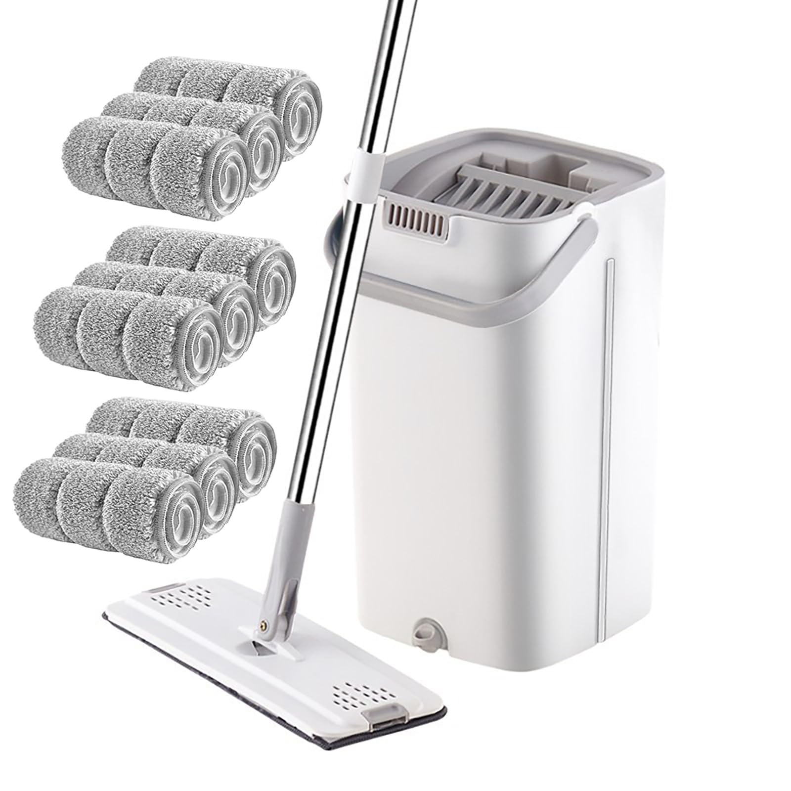 Fregona, Juego De Fregona Y Cubo, Cubo Fregona Dos Compartimentos Seco/Mojado, Cabeza Giratoria Fregona 360° Microfibra Y Cubos Escurrefacil para Limpiar Azulejos Y Paredes(White,9mops)