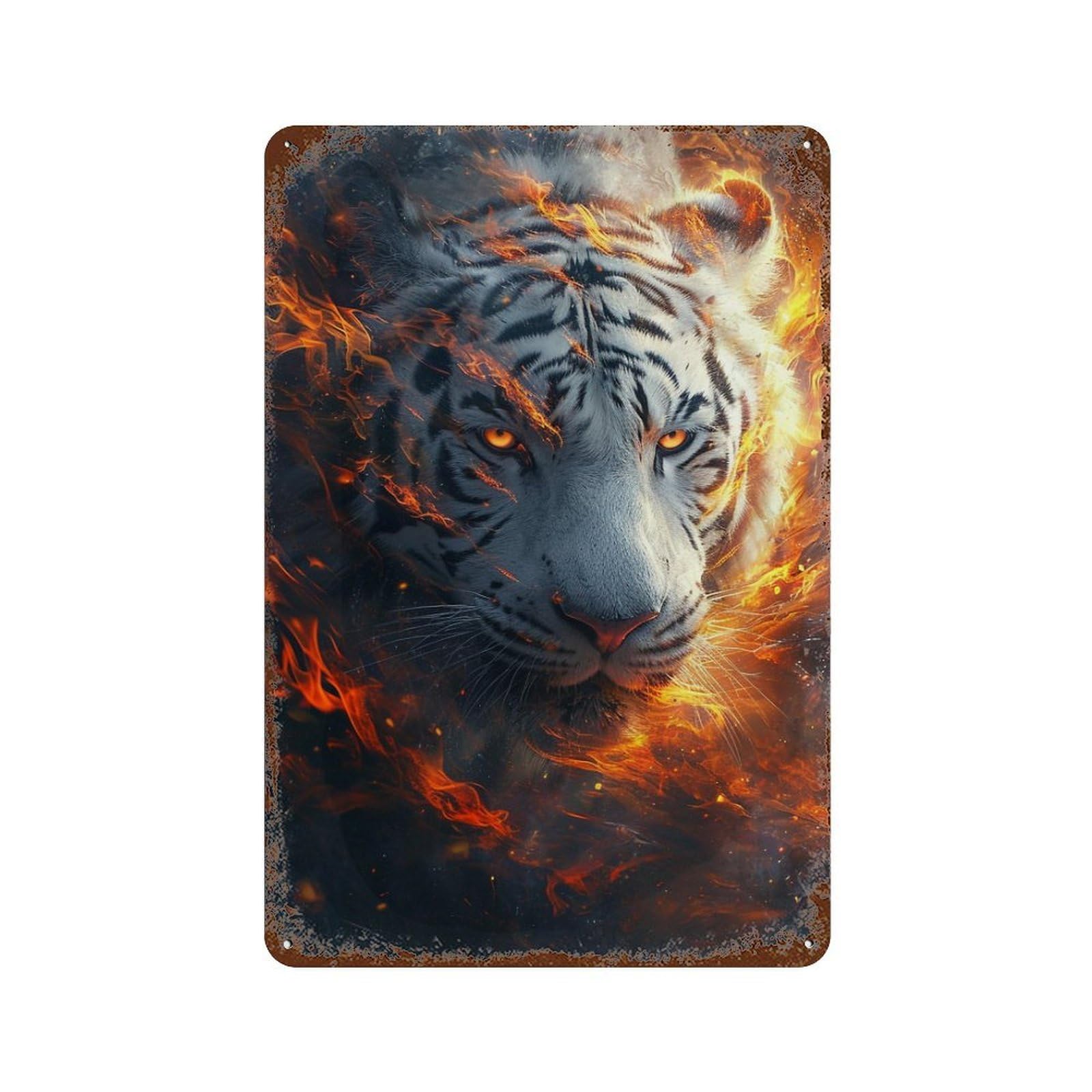 Garage Style Flaming Tiger Art Print Rusty Metal Tin Sign 11.8"x7.9", Novelty Wall Decor for Bar And Workshop