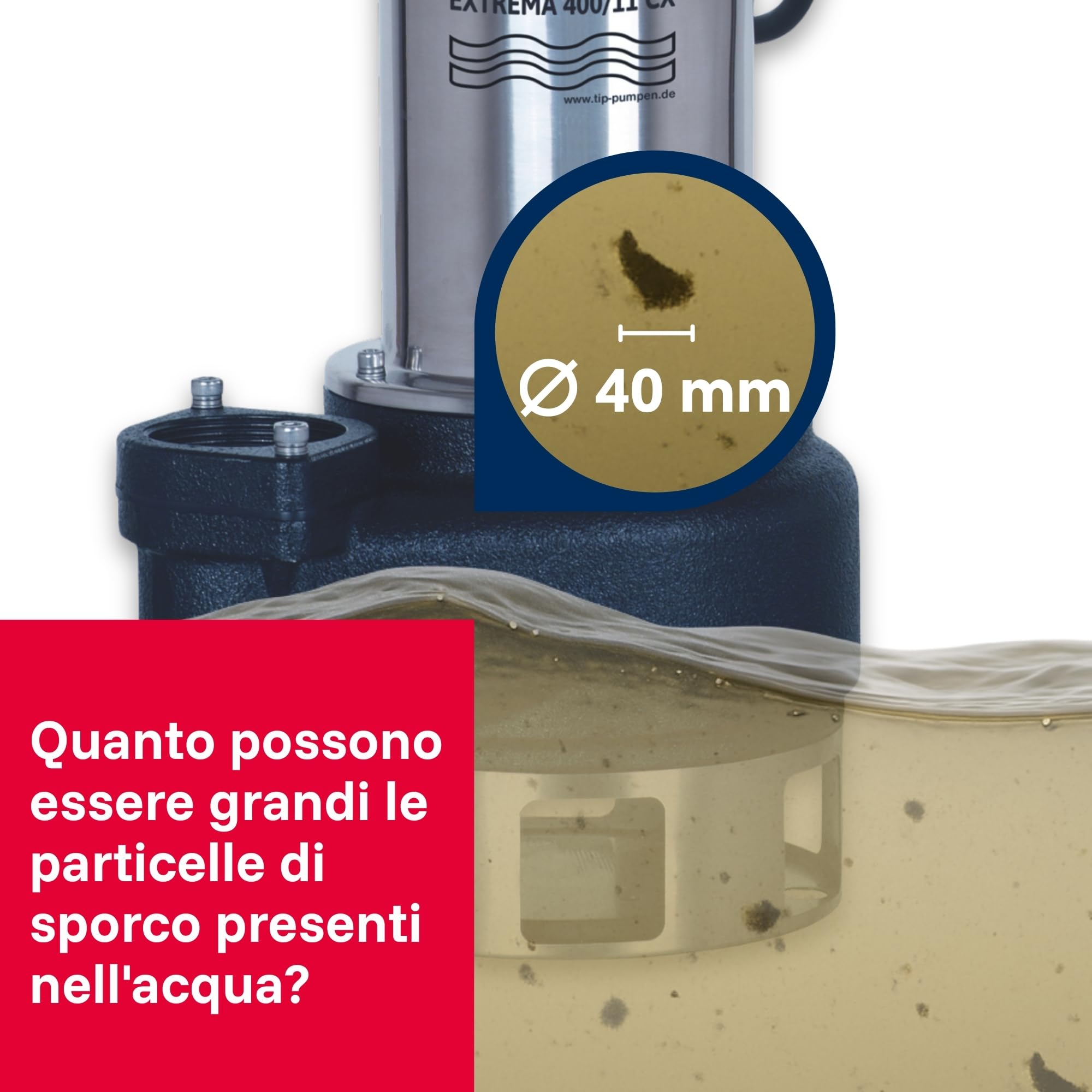 Pompa sommersa professionale per acque sporche T.I.P. - Acciaio inossidabile (portata 42.000 l/h, prevalenza 16 m, pressione 1,6 bar, granulometria 50 mm, acqua di lavaggio) Extrema 700/16-3 IX
