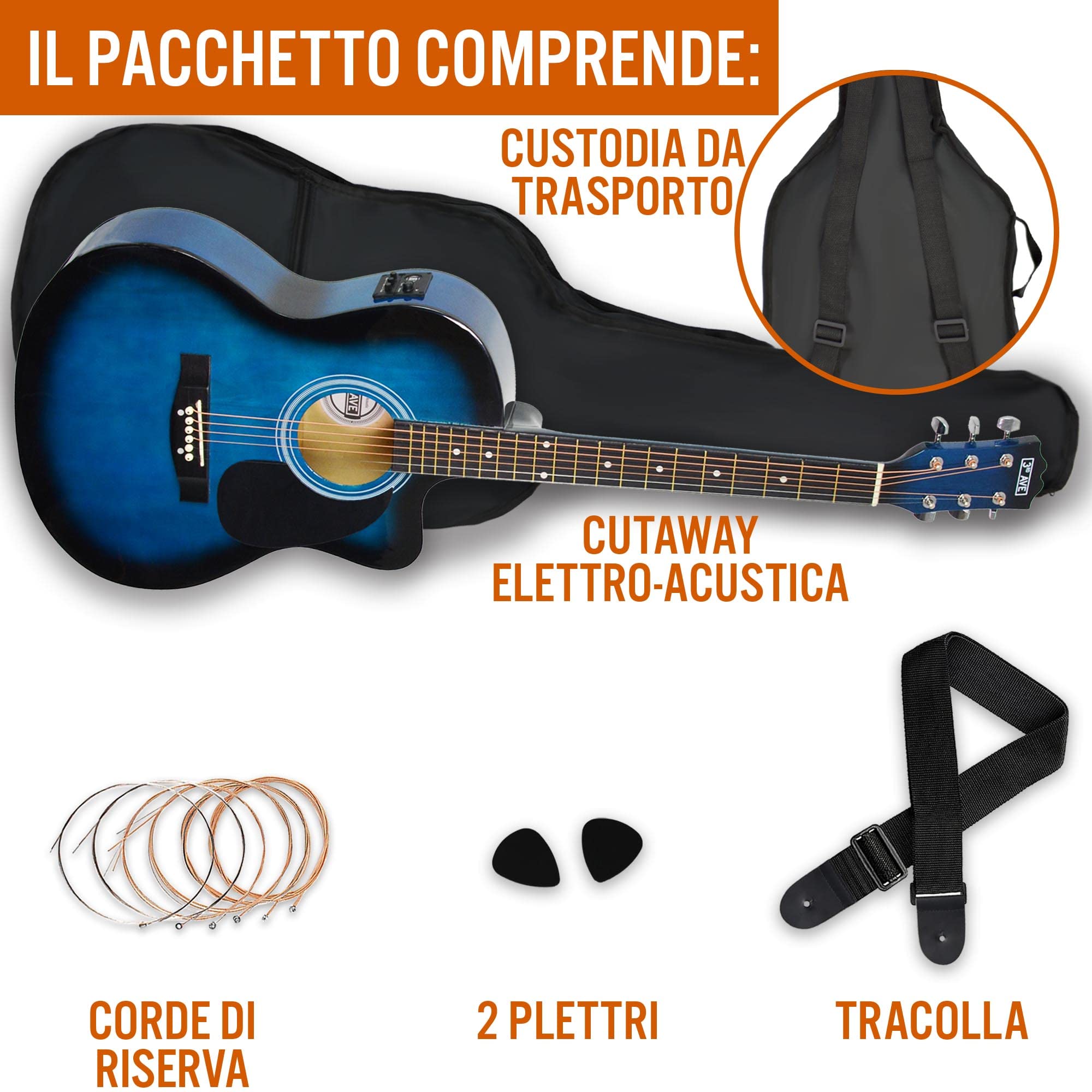 Chitarra elettro-acustica cutaway 3rd Avenue 4/4 livello beginner accordatore incorporato equalizzatore Blu