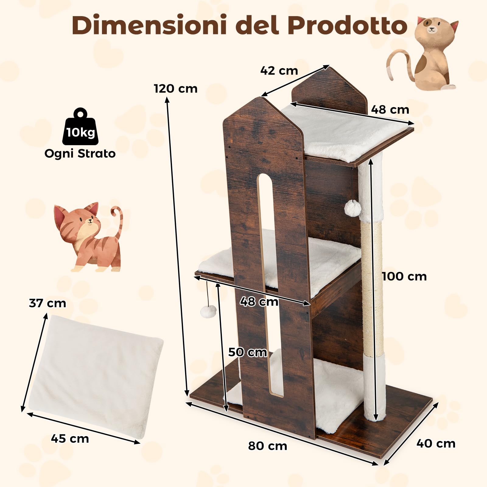 COSTWAY Albero per Gatti Alto 120 cm, Tiragraffi per Gattini in Legno con Posti Graffianti in Sisal, Palline Pendenti, Cuscini Morbidi e Piazzola, Tiragraffi Gatto per Arrampicata
