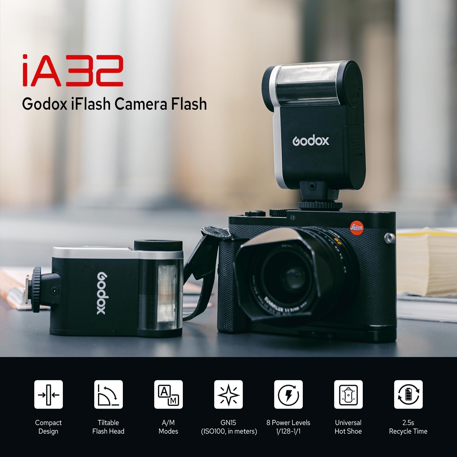 GODOX iA32 Mini Flash de Cámara, Flash de Zapatos Calientes con Salida de Potencia de 8 Niveles, 490 Flashes de Potencia Completa, Control óptico S1/S2, Zapata de Contacto único