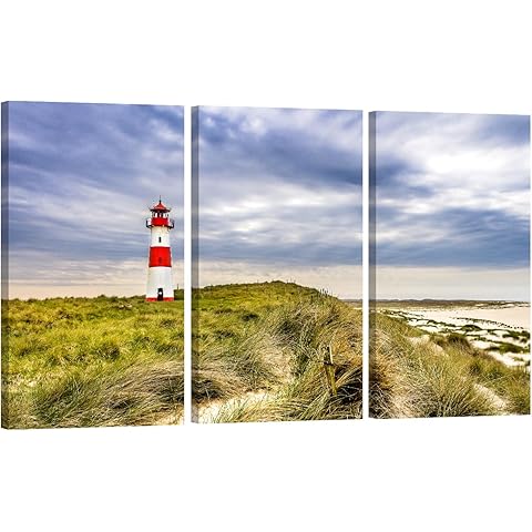 The Lighthouse on the Ellenbogen Pictures for Living Room Wall Art House Decorations 3 Panel Canvas The Island Sylt Lighthouse Painting Home Decor Modern Artwork Framed Ready to Hang 20x40inchx3