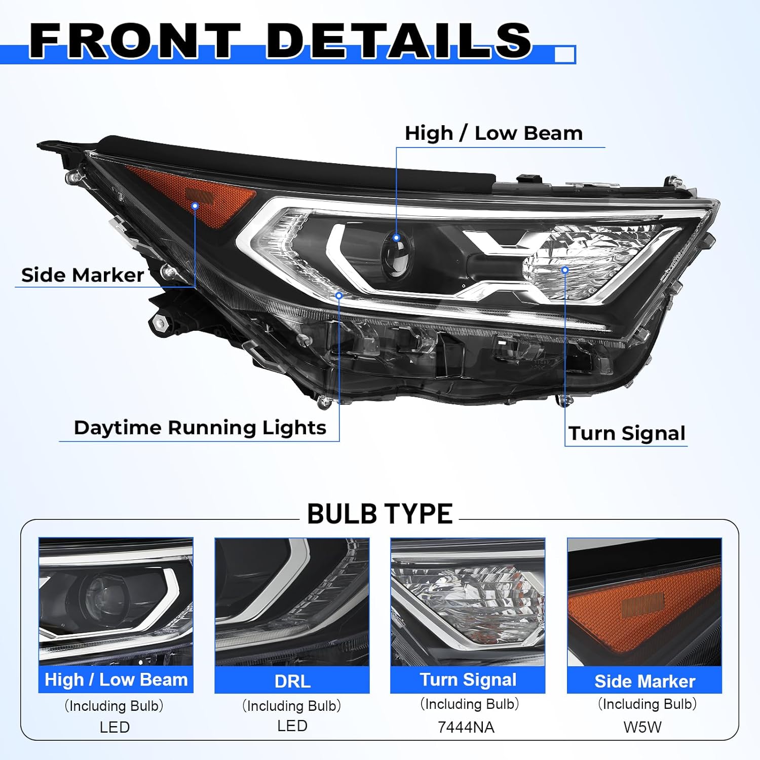 jfn led headlight assembly compatible with 2019-2023 toyota rav4 hybrid front headlamp with blubs(passenger side (right))